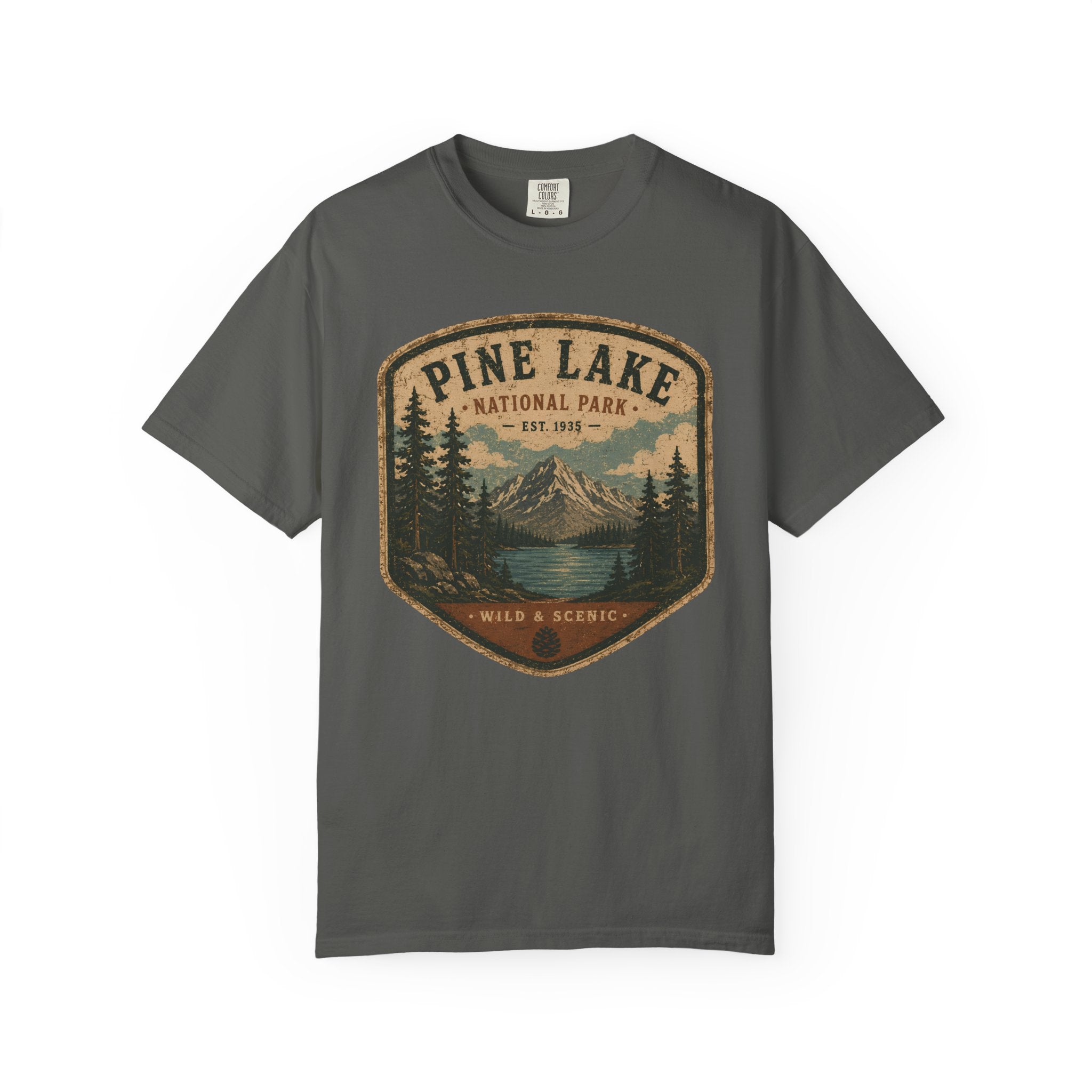 Pine Lake National Park Badge T-Shirt | Mountain Lake Forest Graphic