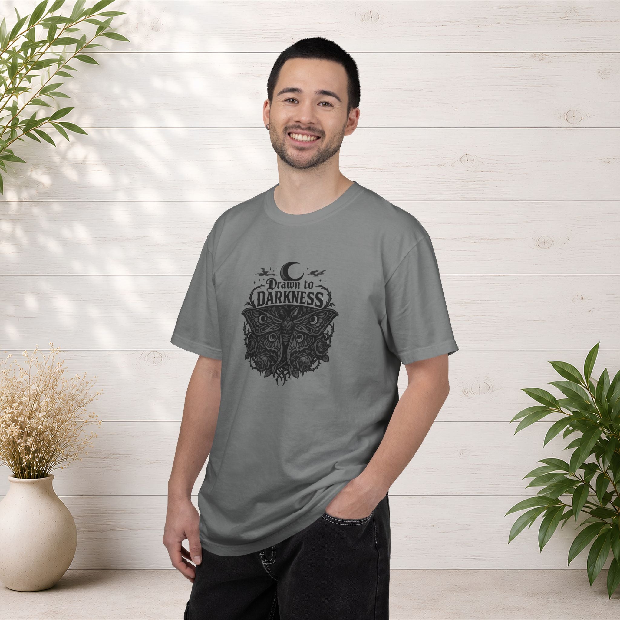 Dark Aesthetic T-Shirt — "Drawn to Darkness" Gothic Moon Graphic Tee