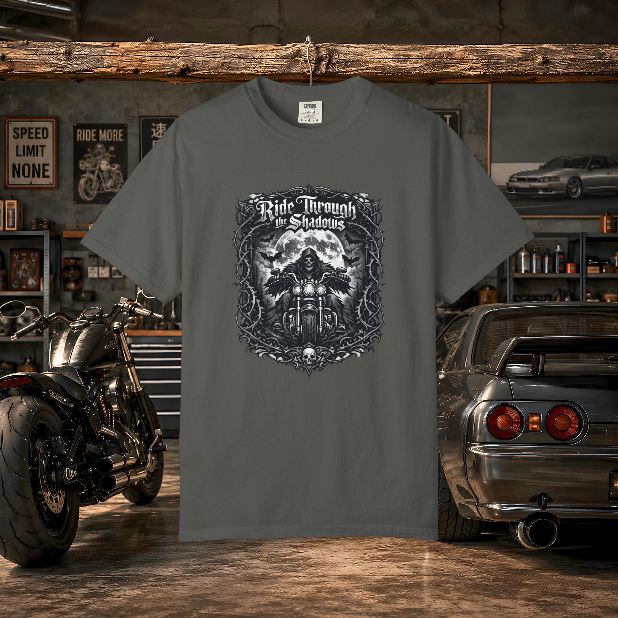 Ride Through Shadows T-Shirt — Gothic Skull Motorcycle Graphic Tee
