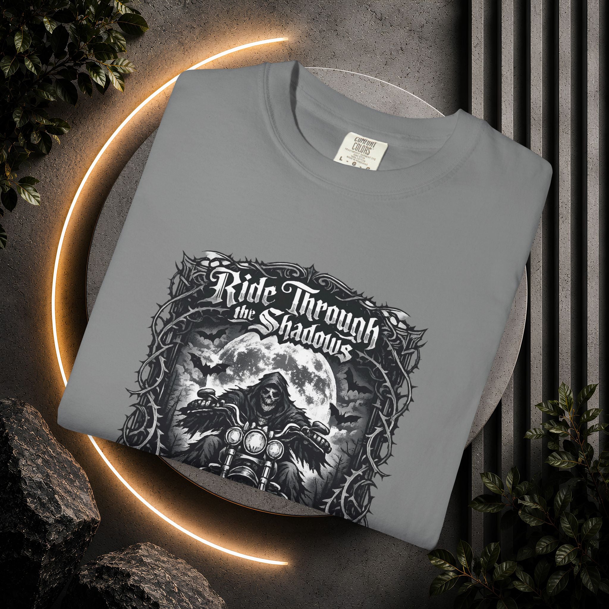 Ride Through Shadows T-Shirt — Gothic Skull Motorcycle Graphic Tee