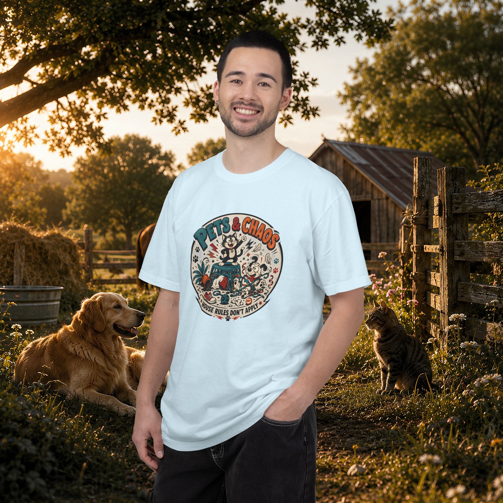 Pets & Chaos Graphic T-Shirt — "House Rules Don't Apply" Vintage Pet Lover Tee
