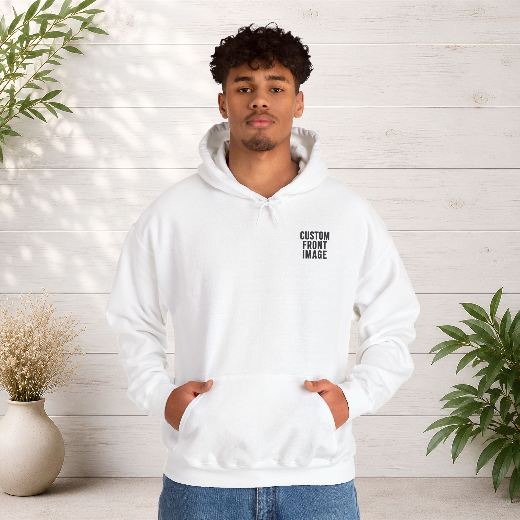 Custom Front Small Left Image Hoodie — Personalized White Pullover Hooded Sweatshirt