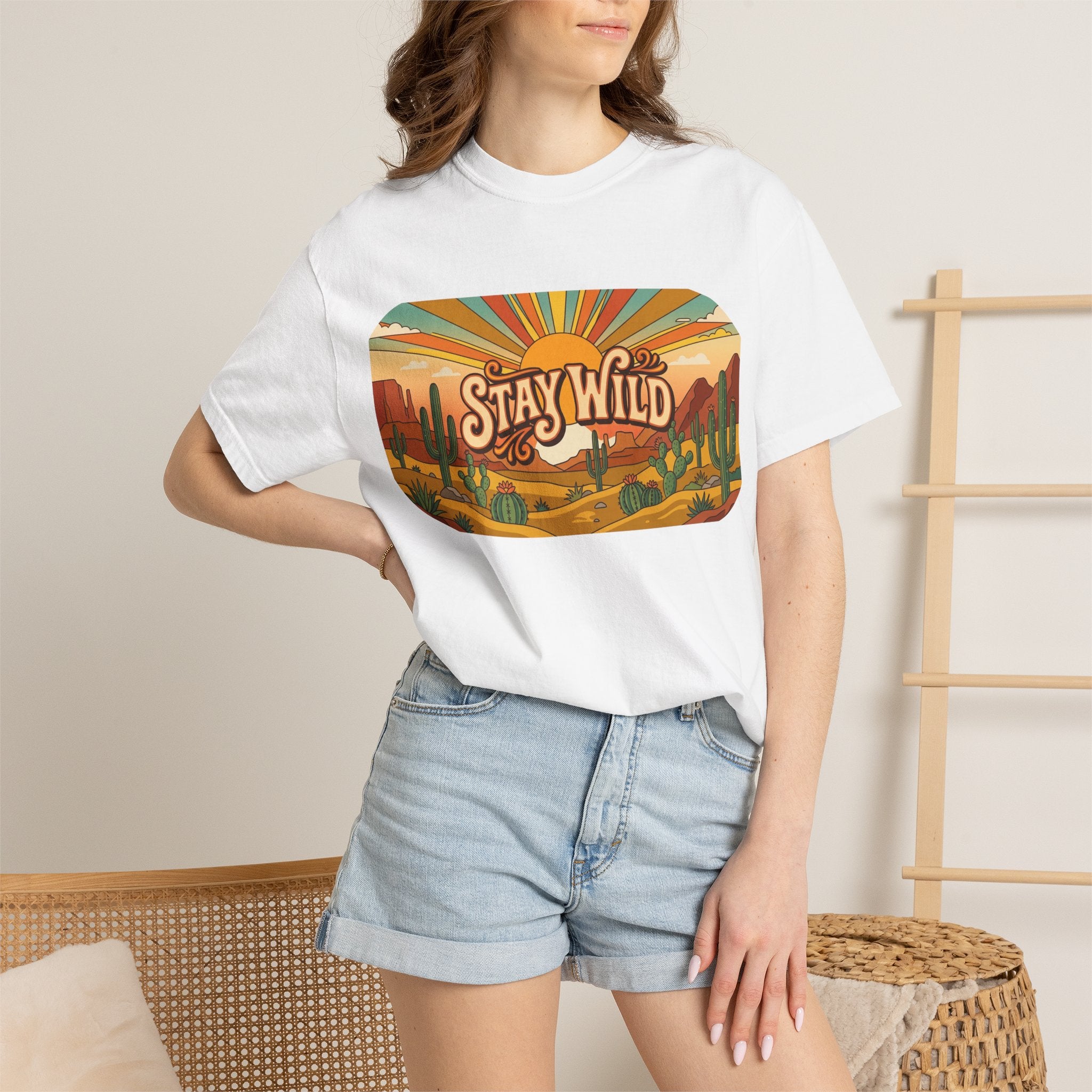 Stay Wild Desert Sunset T-shirt | Retro Cactus Landscape