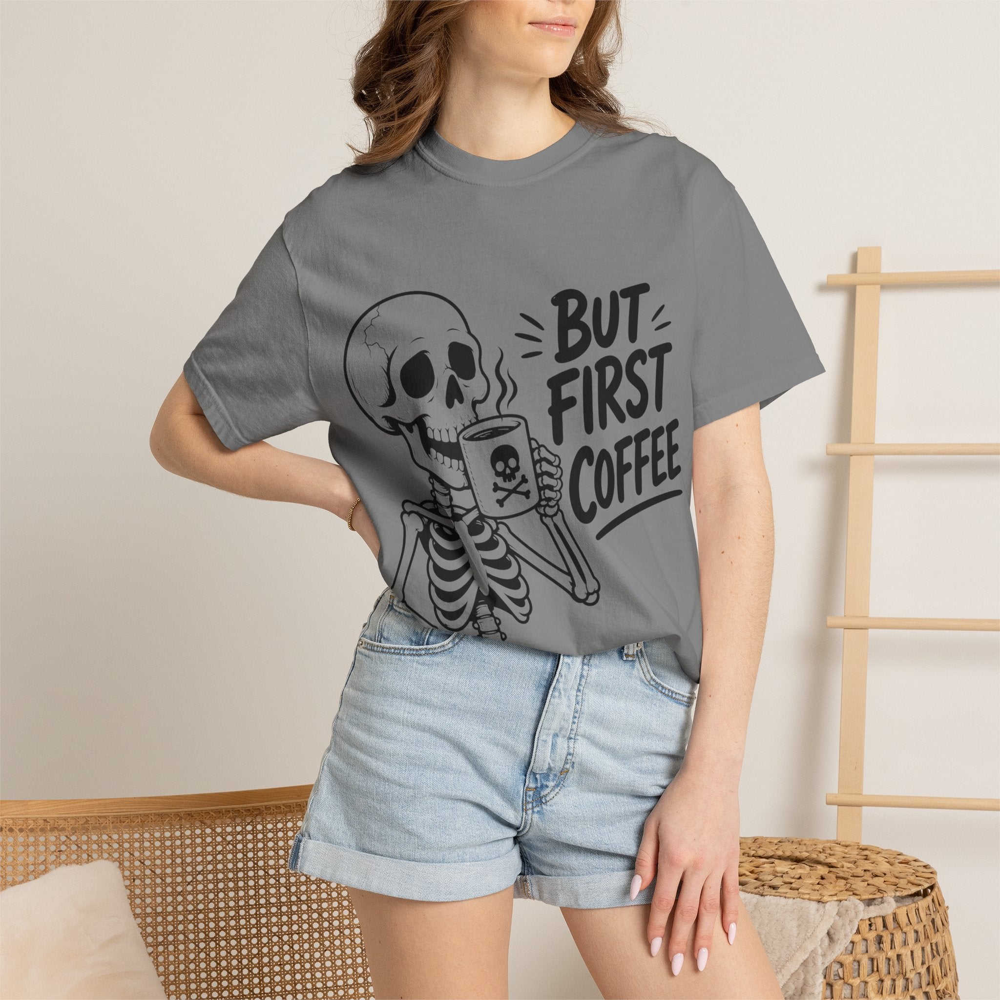 Skeleton Holding Coffee But First Coffee T-Shirt | Coffee Lover Tee
