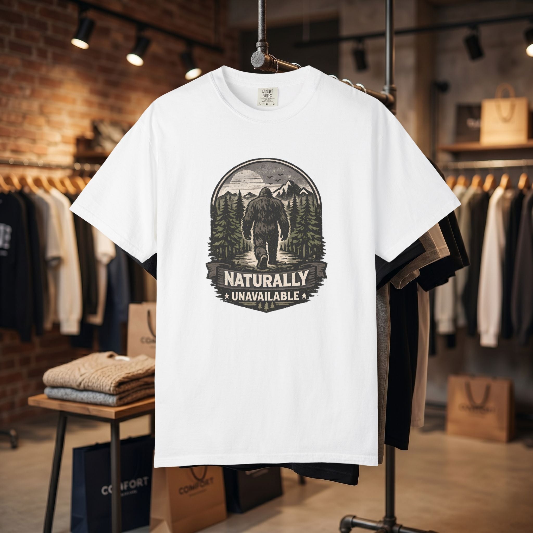 Bigfoot 'Naturally Unavailable' T-Shirt — Bigfoot Walking Into Forest Graphic