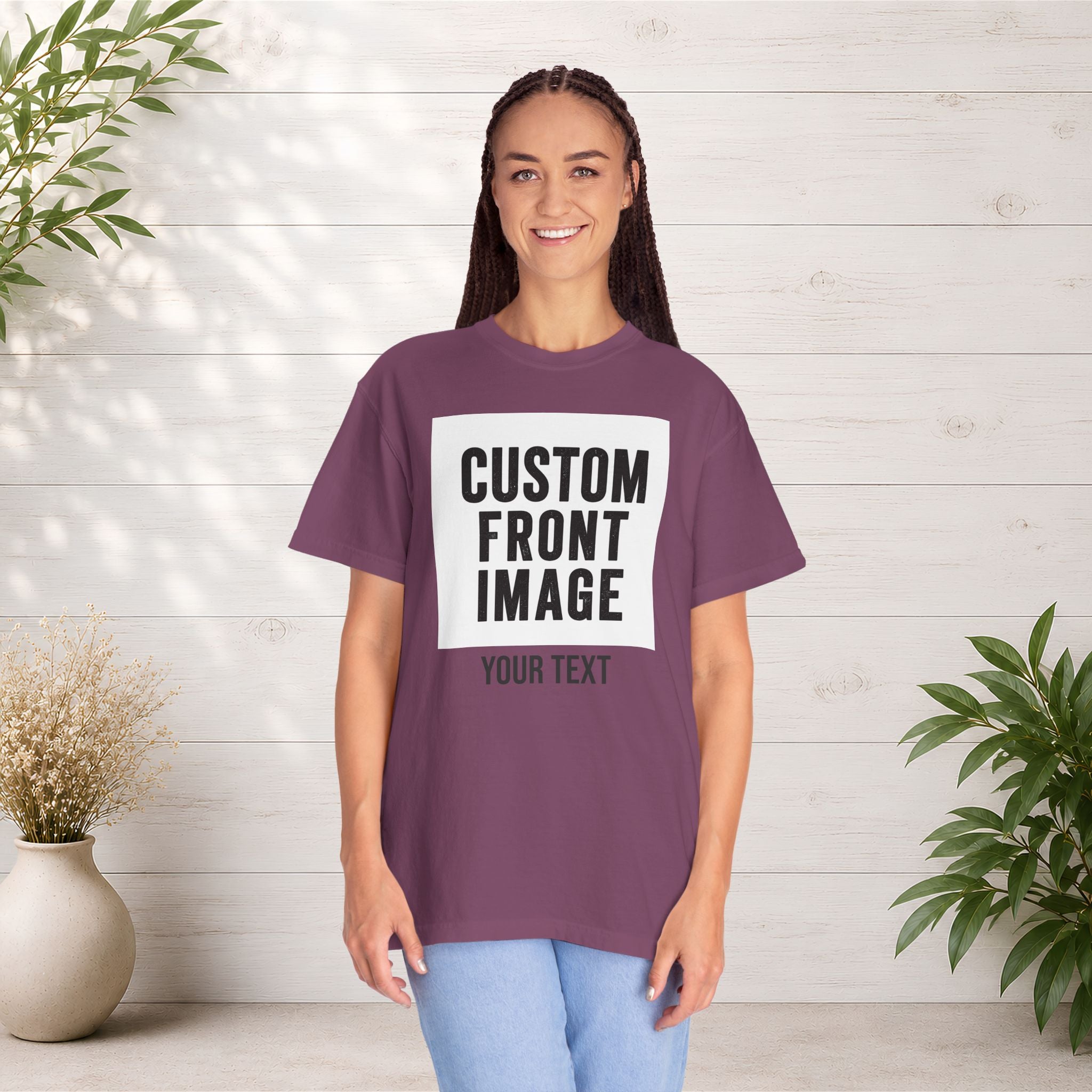 Custom Front Square Print T-Shirt — Personalized Text Bottom & Image Tee