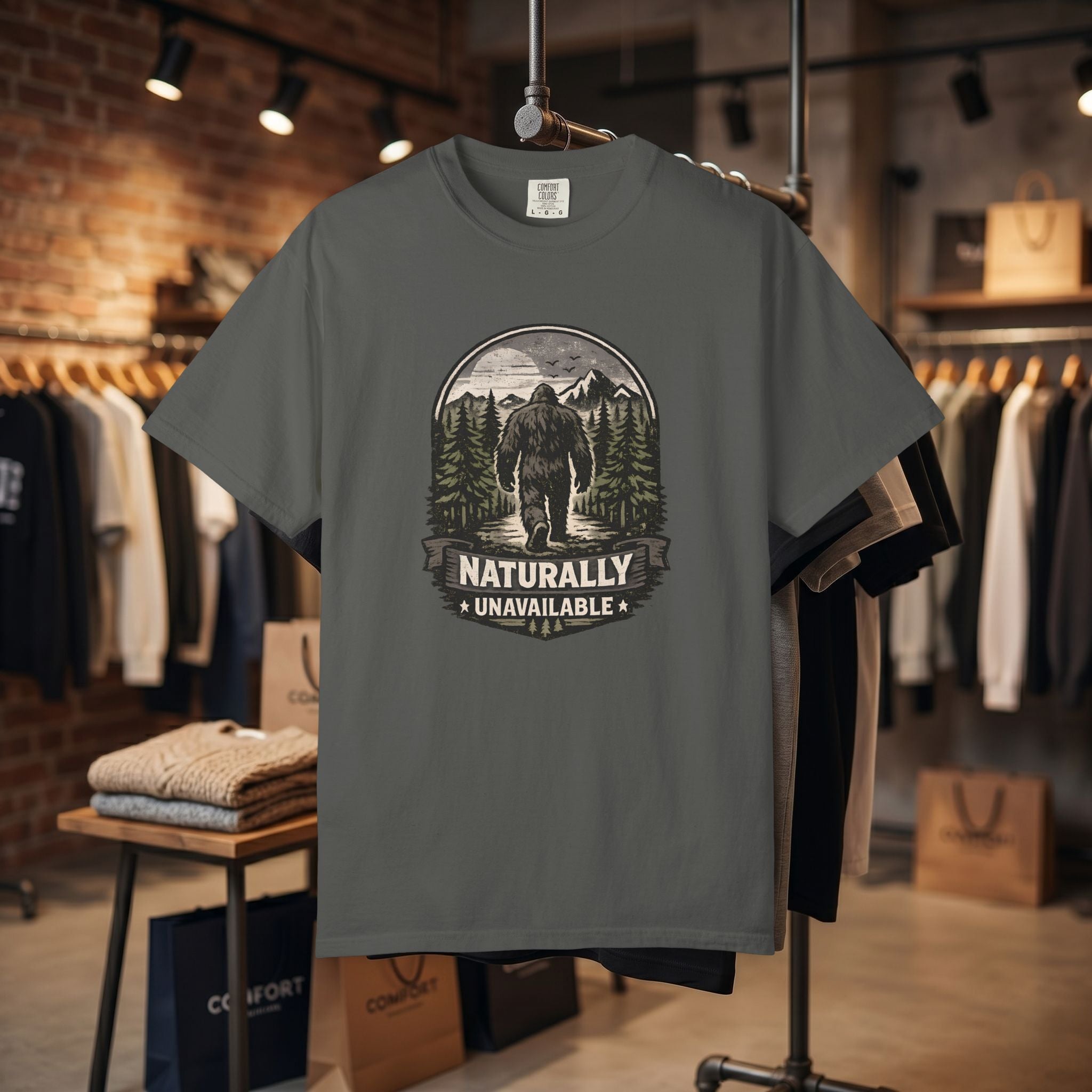 Bigfoot 'Naturally Unavailable' T-Shirt — Bigfoot Walking Into Forest Graphic