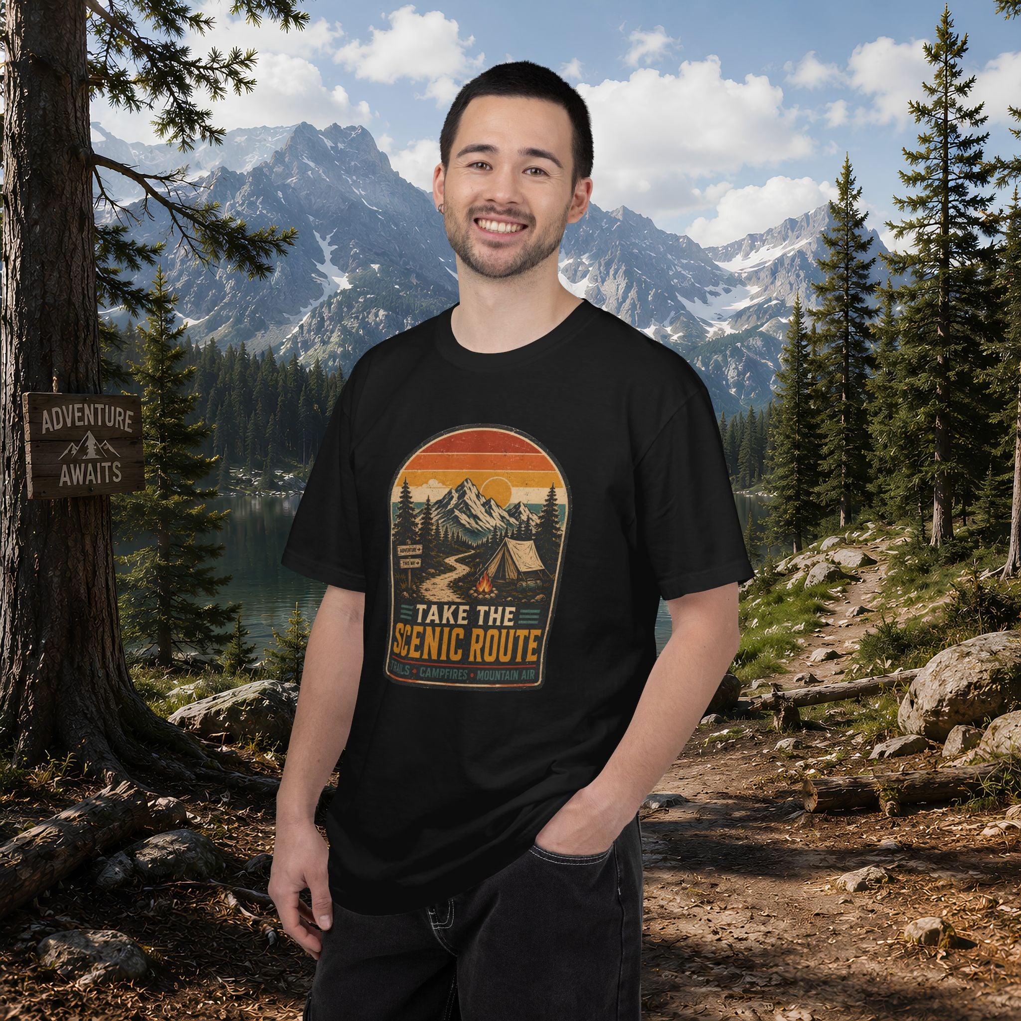 Scenic Route Camping T-Shirt — Retro Mountains & Tent Outdoor Tee