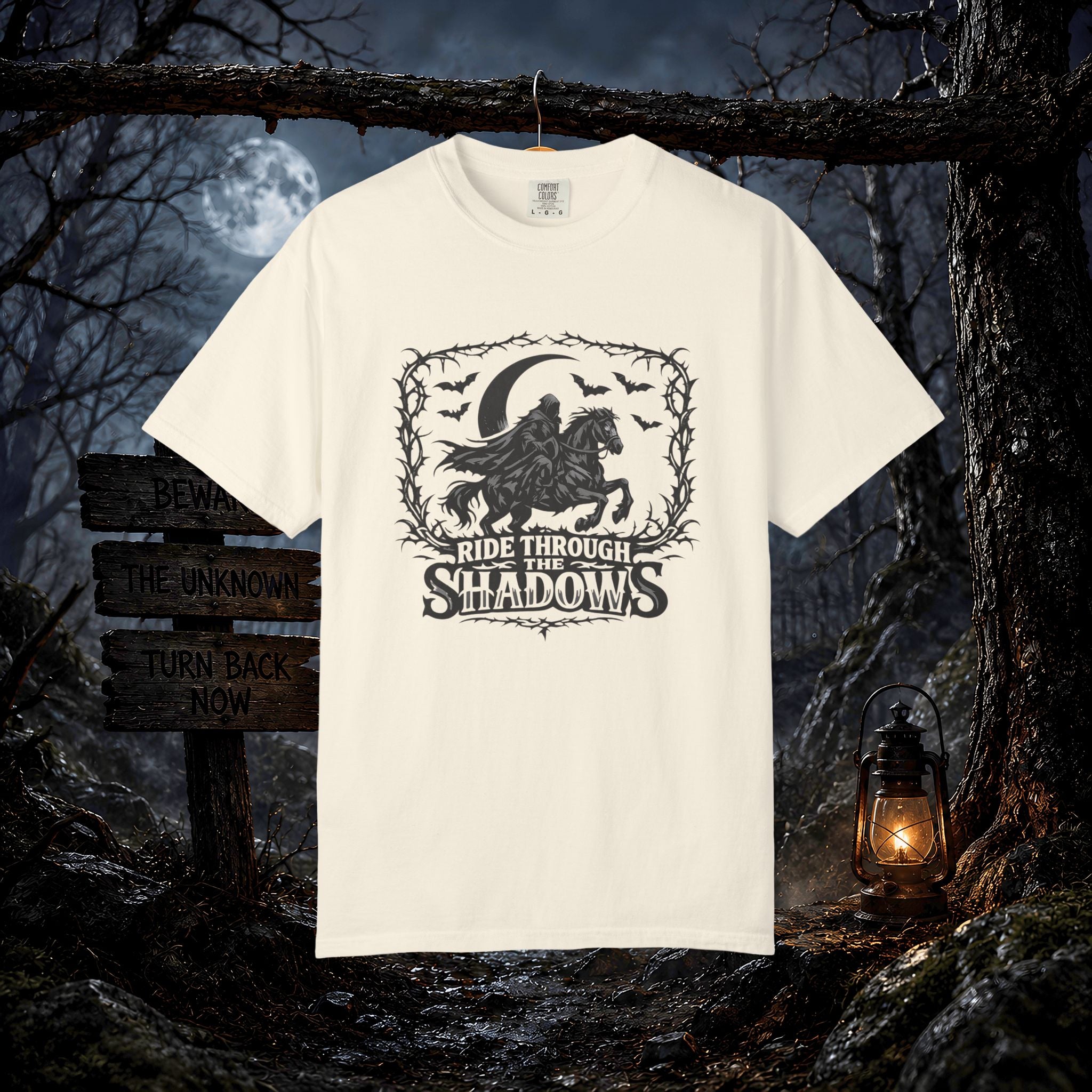 Ride Through Shadows T-Shirt — Gothic Raven Horse Moon Design