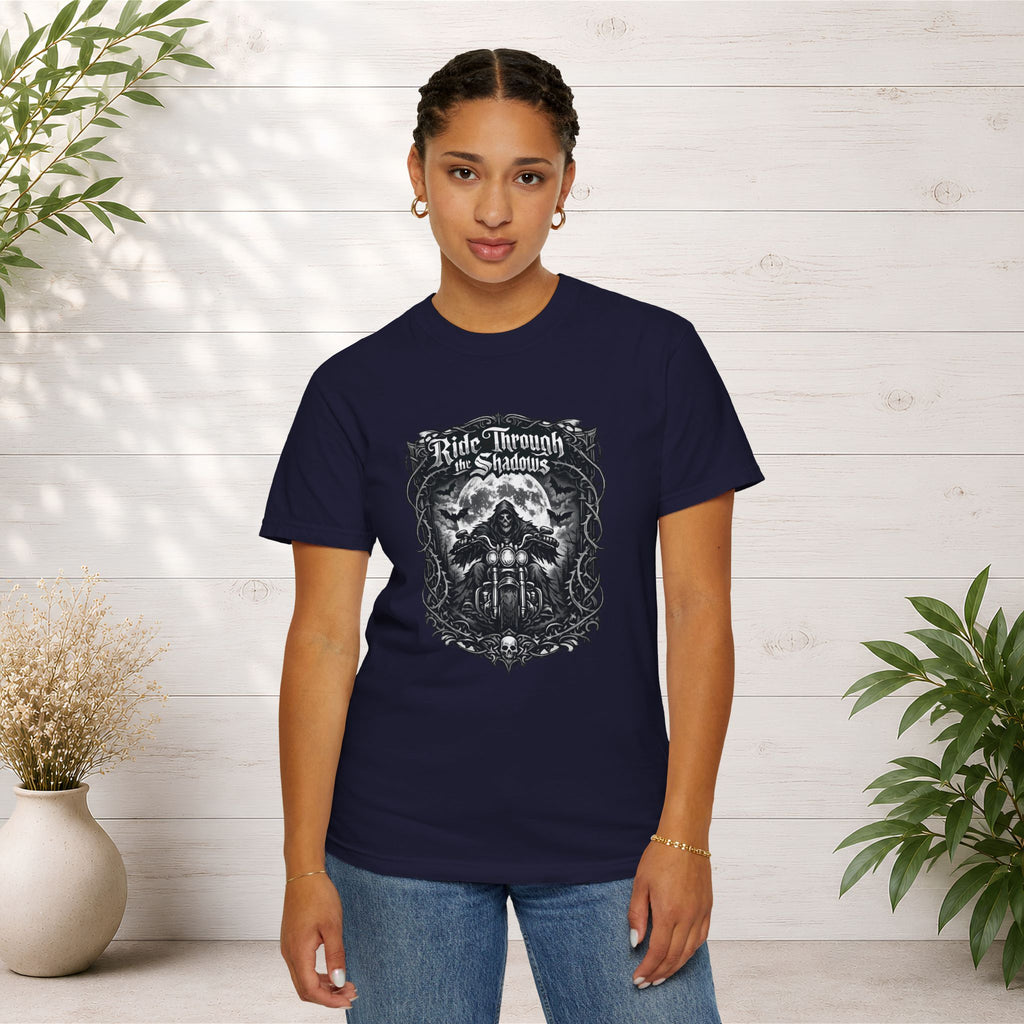 Ride Through Shadows T-Shirt — Gothic Skull Motorcycle Graphic Tee