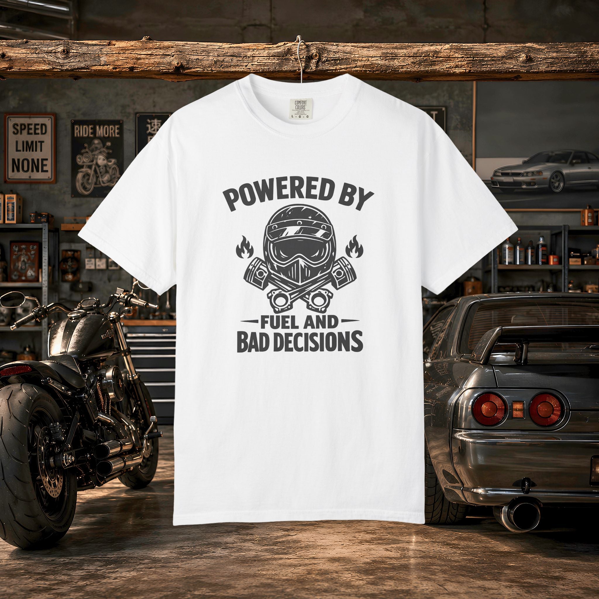 Powered By Fuel And Bad Decisions T-Shirt — Motorcycle Helmet Graphic Tee
