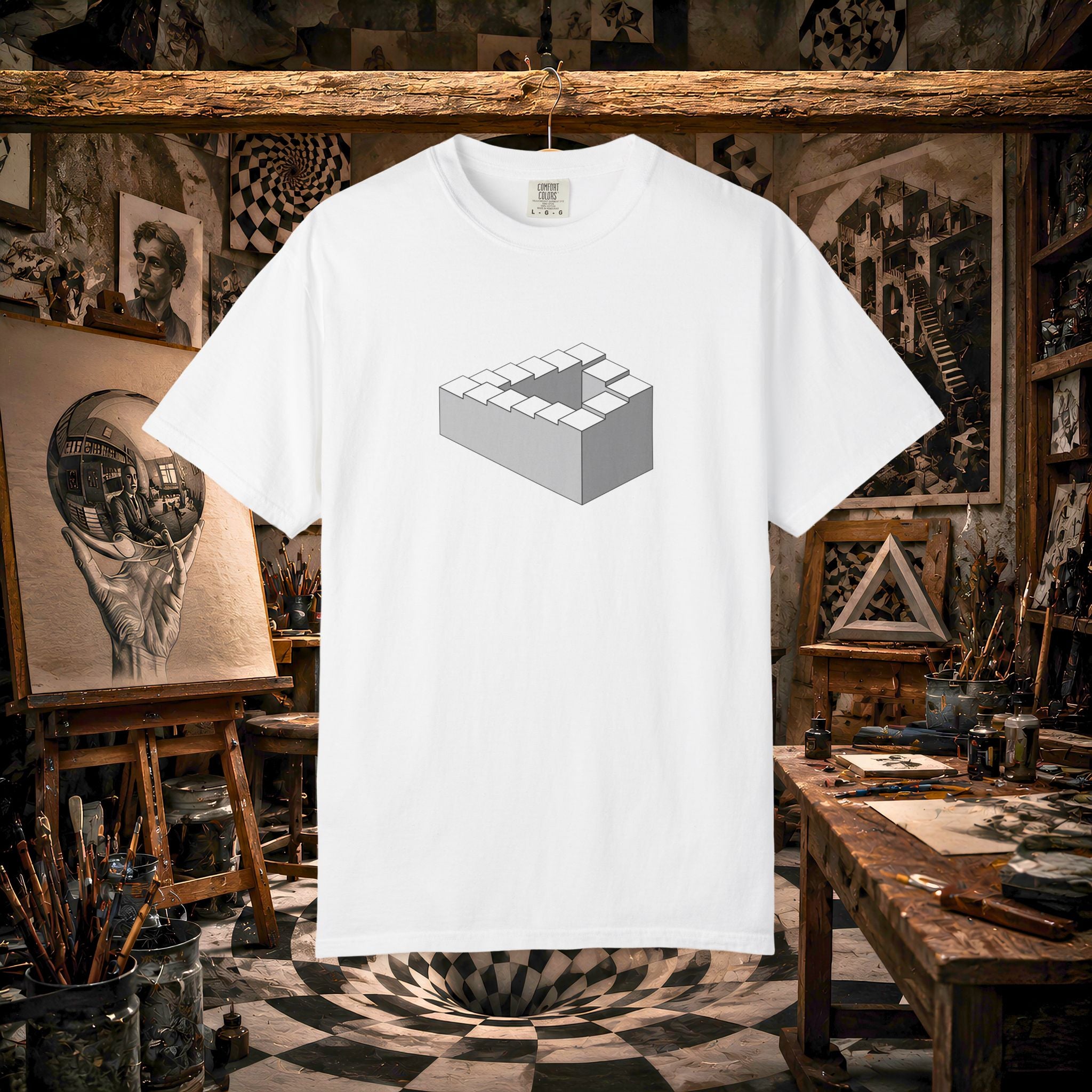 Optical Illusion Staircase Tee — Impossible Step Graphic T-Shirt