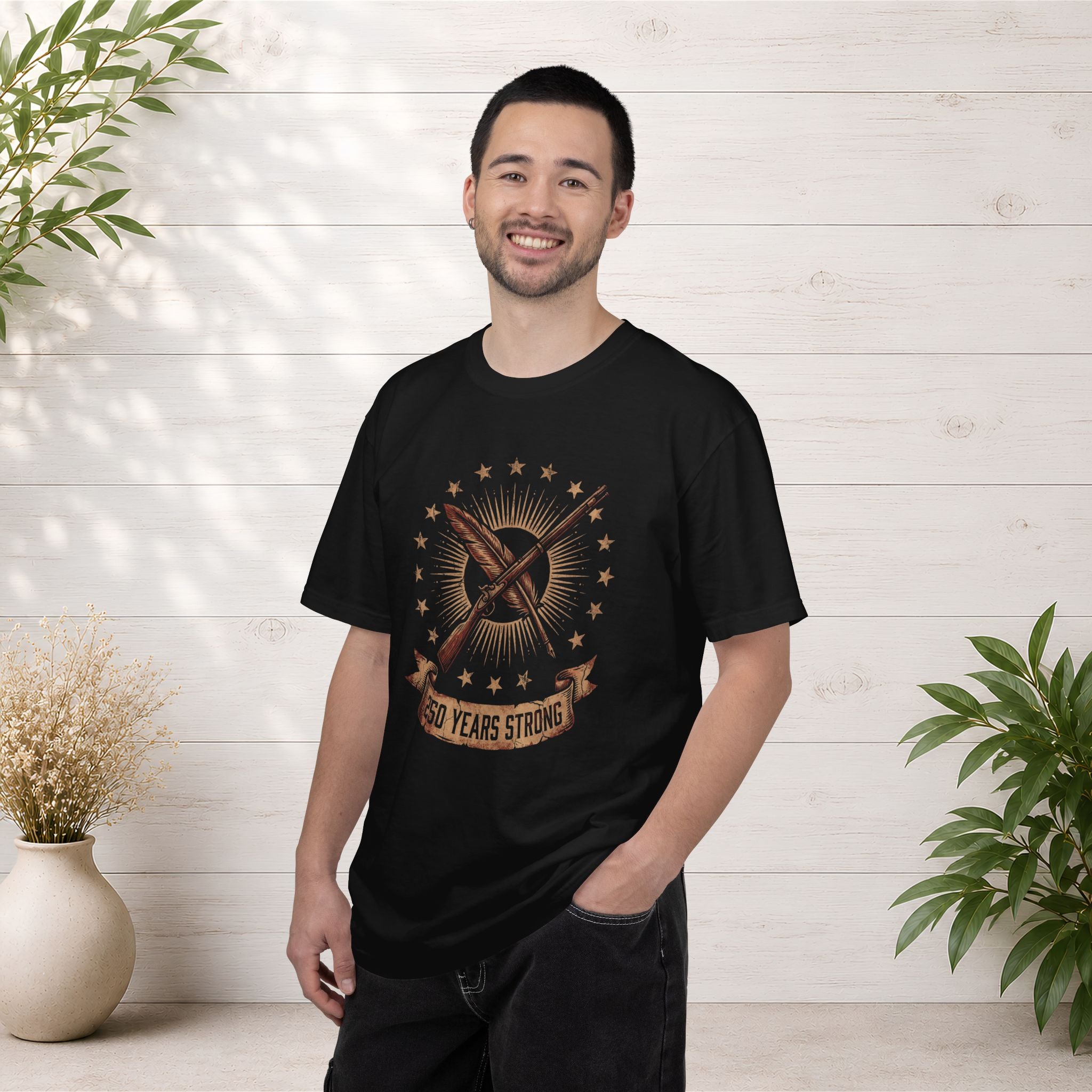 250 Years Strong flag rifle crest T-shirt | patriotic American heritage