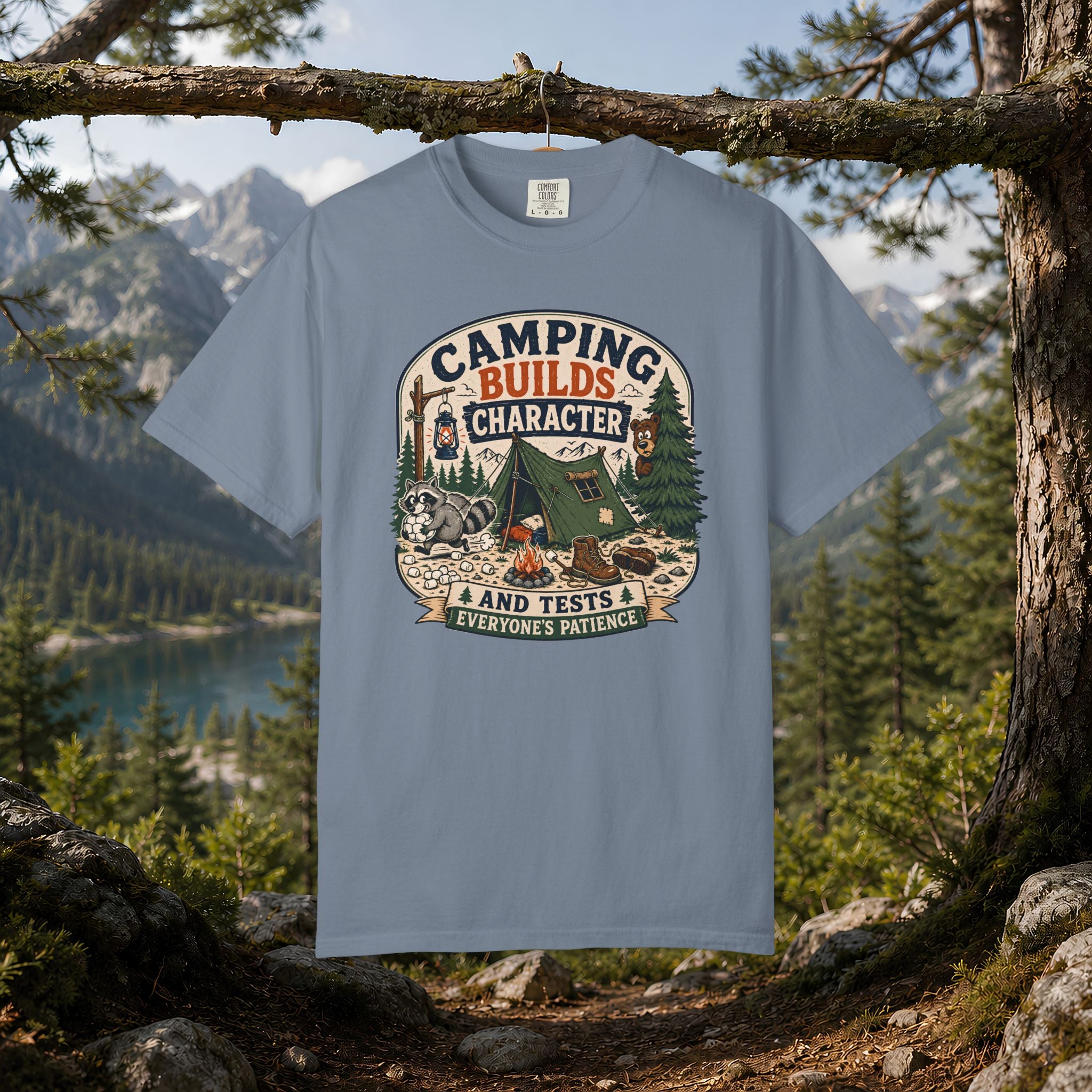 Camping Builds Character T-Shirt — Vintage Tent, Forest & Campfire Outdoor Tee