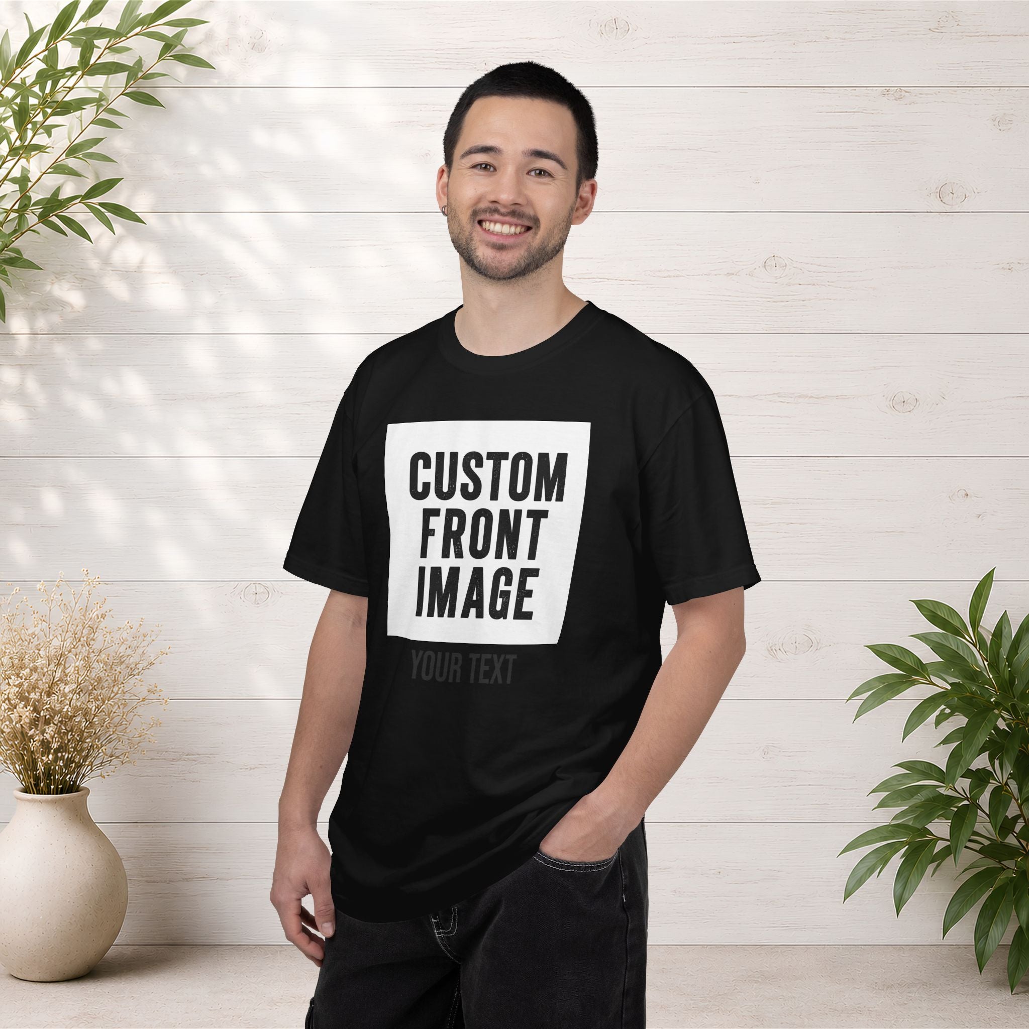 Custom Front Square Print T-Shirt — Personalized Text Bottom & Image Tee