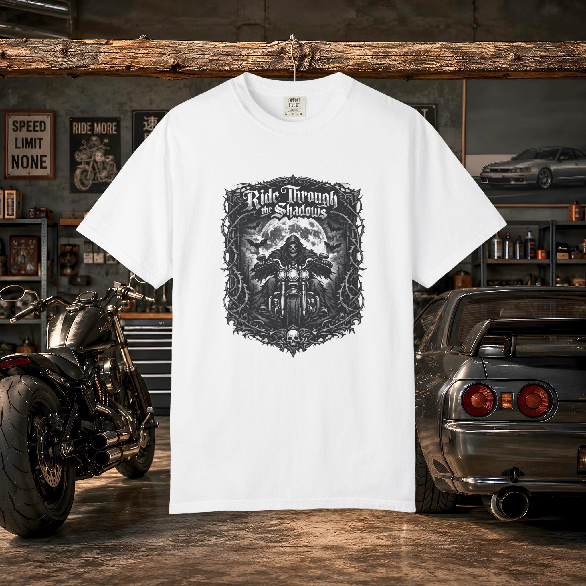 Ride Through Shadows T-Shirt — Gothic Skull Motorcycle Graphic Tee