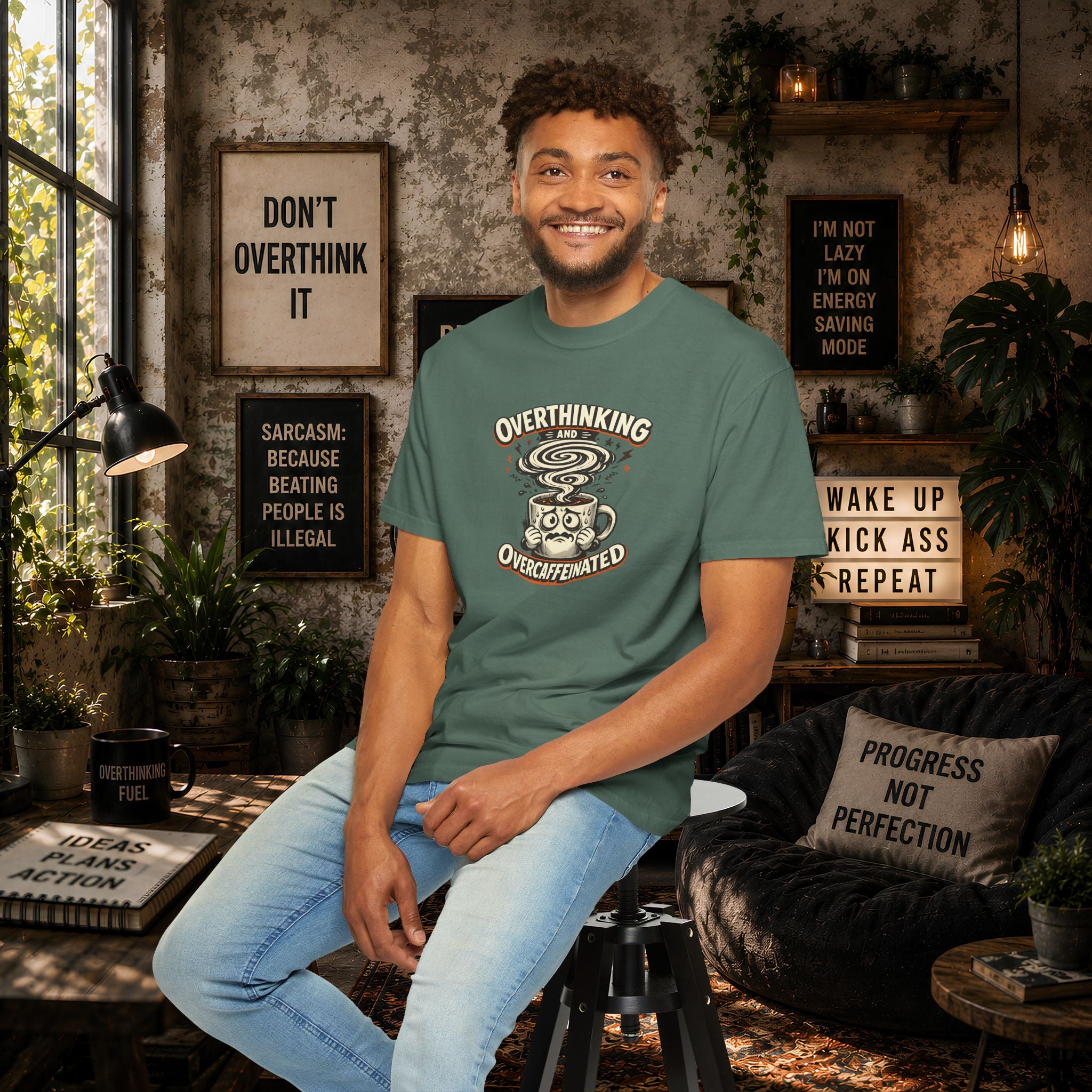 Overthinking & Overcaffeinated T-Shirt — Funny Coffee & Anxiety Graphic Tee