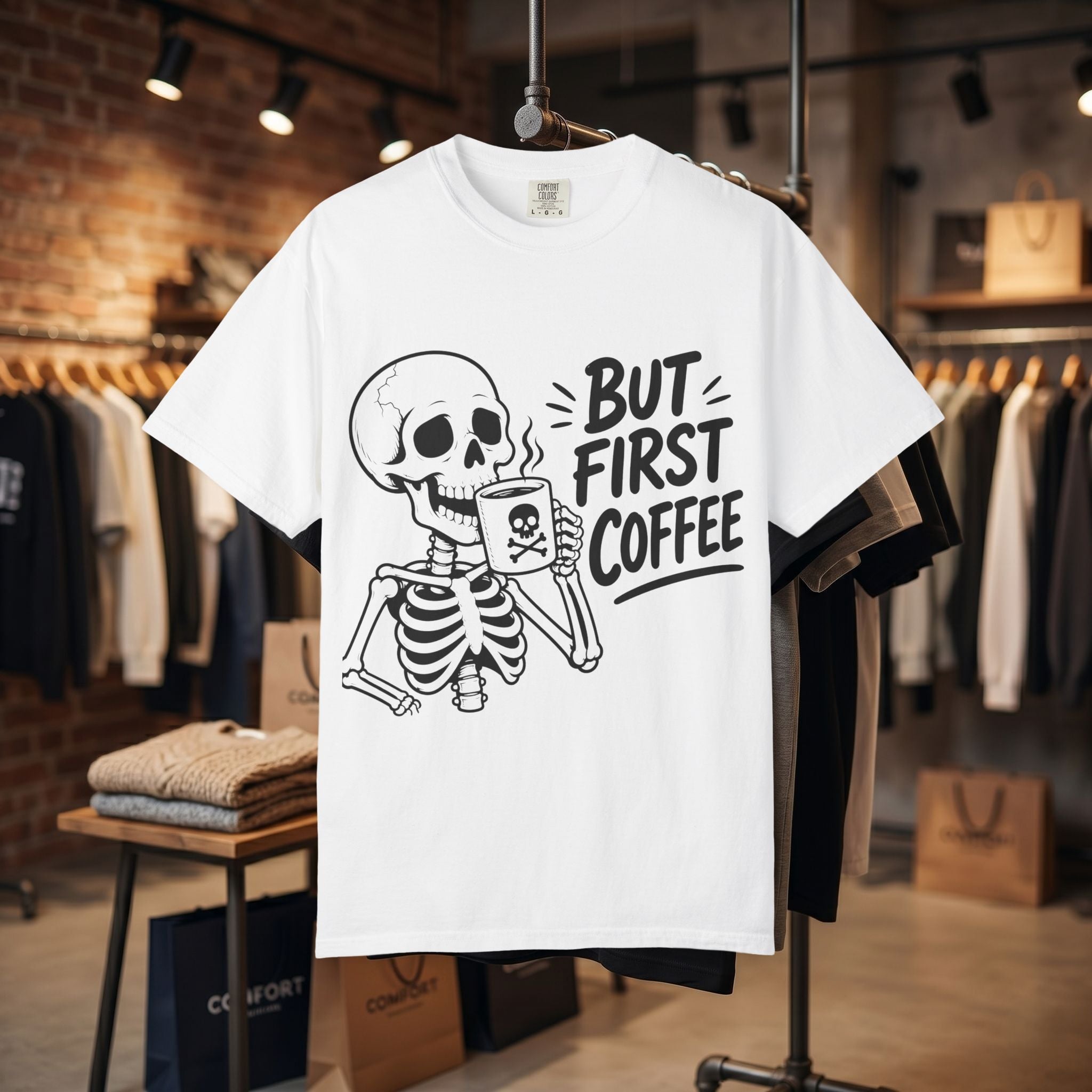 Skeleton Holding Coffee But First Coffee T-Shirt | Coffee Lover Tee