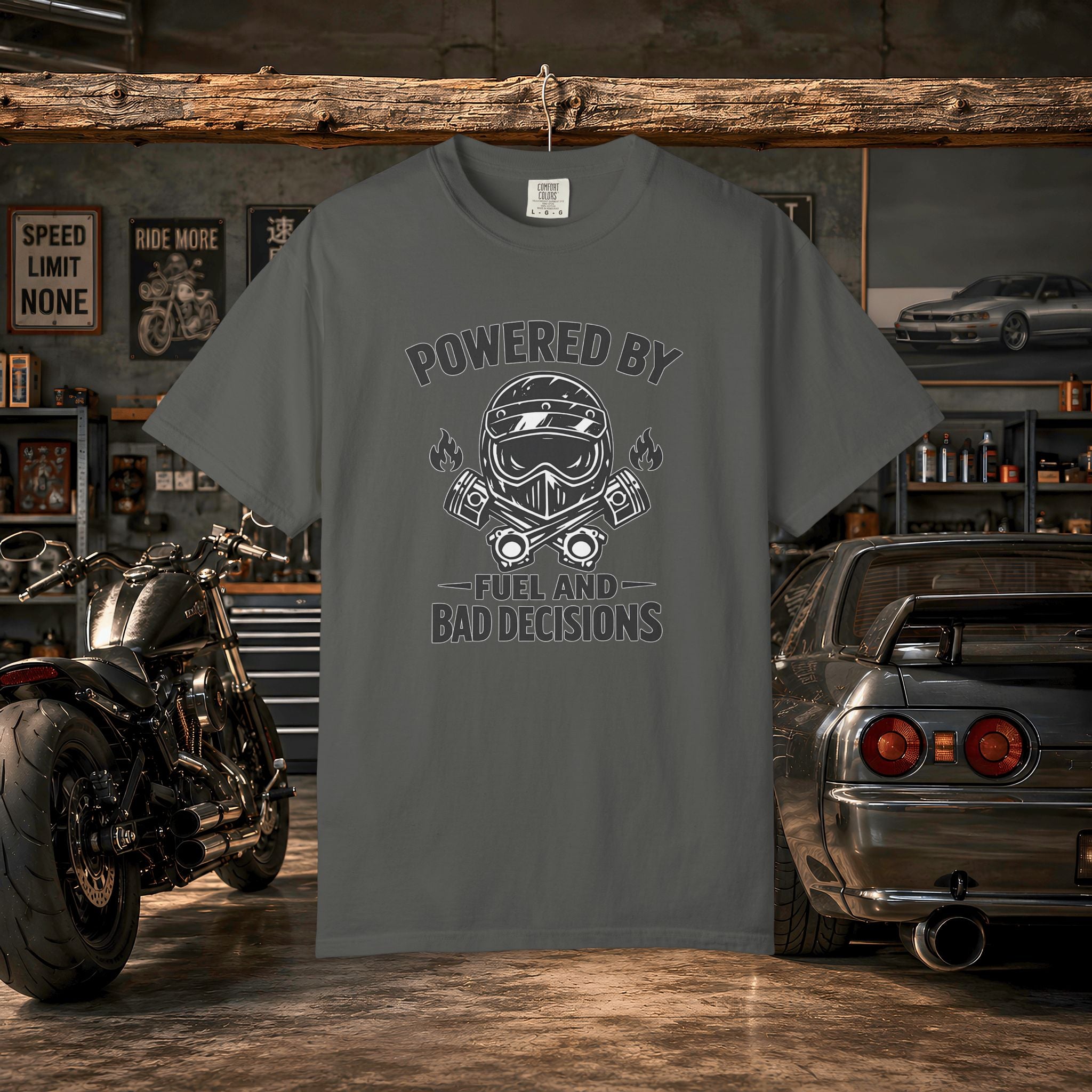 Powered By Fuel And Bad Decisions T-Shirt — Motorcycle Helmet Graphic Tee