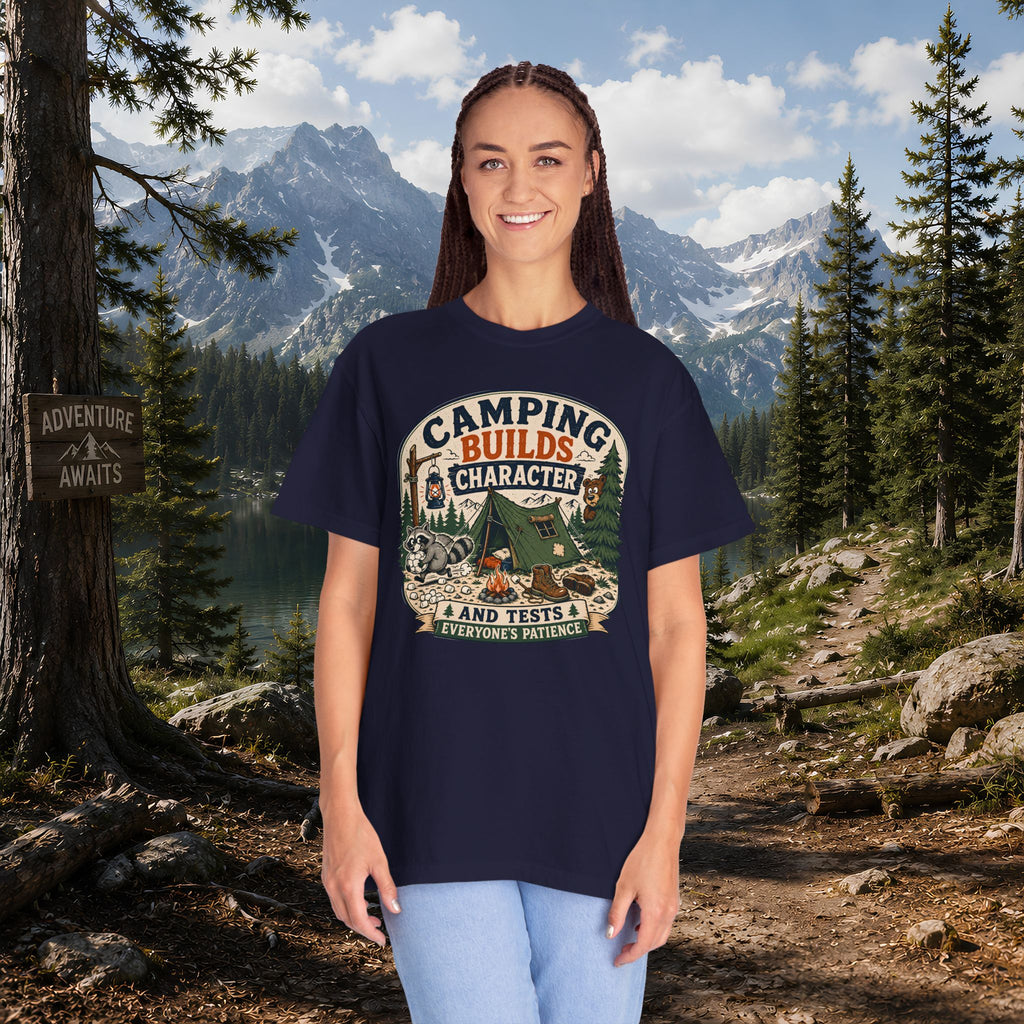 Camping Builds Character T-Shirt — Vintage Tent, Forest & Campfire Outdoor Tee