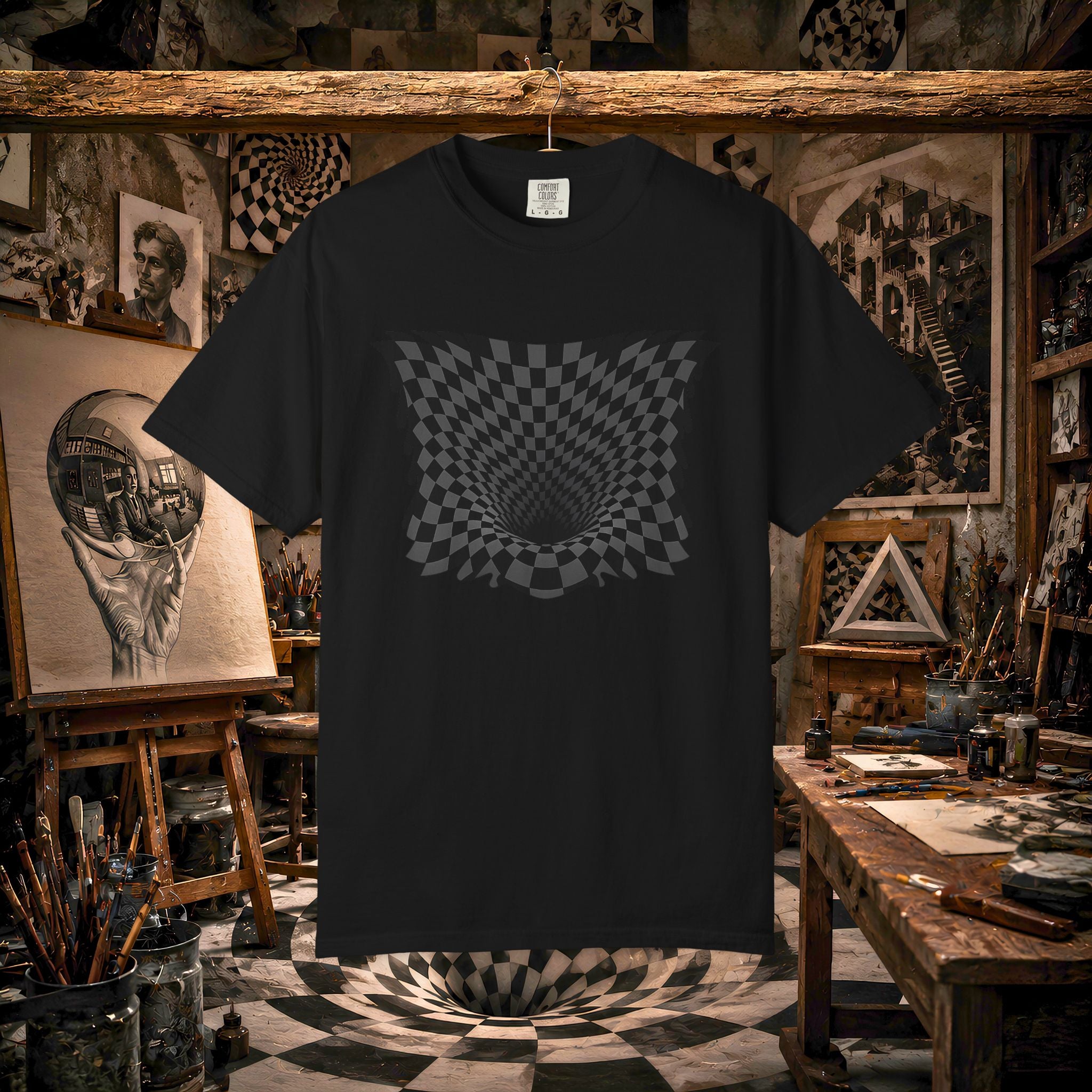Optical Illusion Checkered T‑Shirt — Psychedelic Vortex Graphic Tee