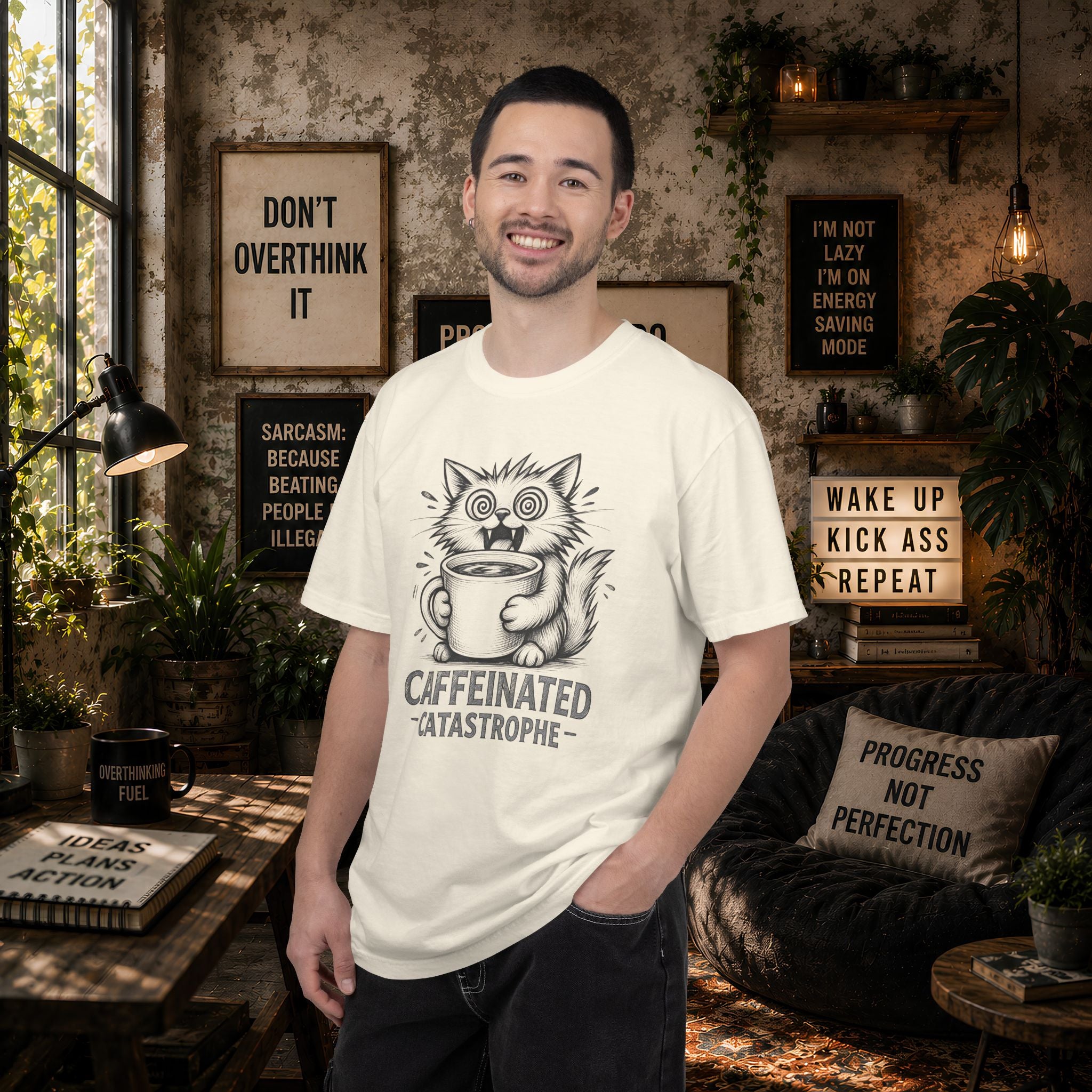 Caffeinated Cat T-Shirt — "Caffeinated Catastrophe" Coffee Lover Tee