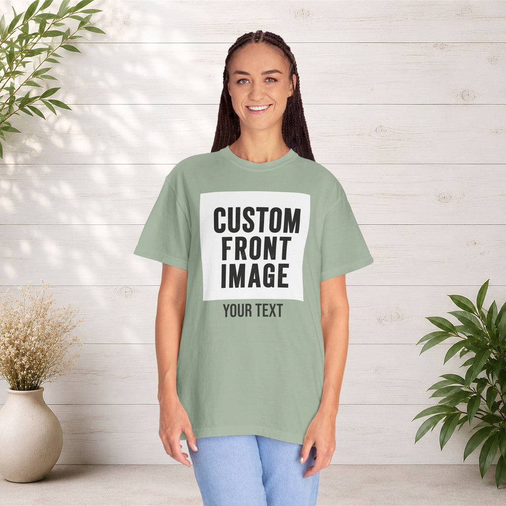 Custom Front Square Print T-Shirt — Personalized Text Bottom & Image Tee