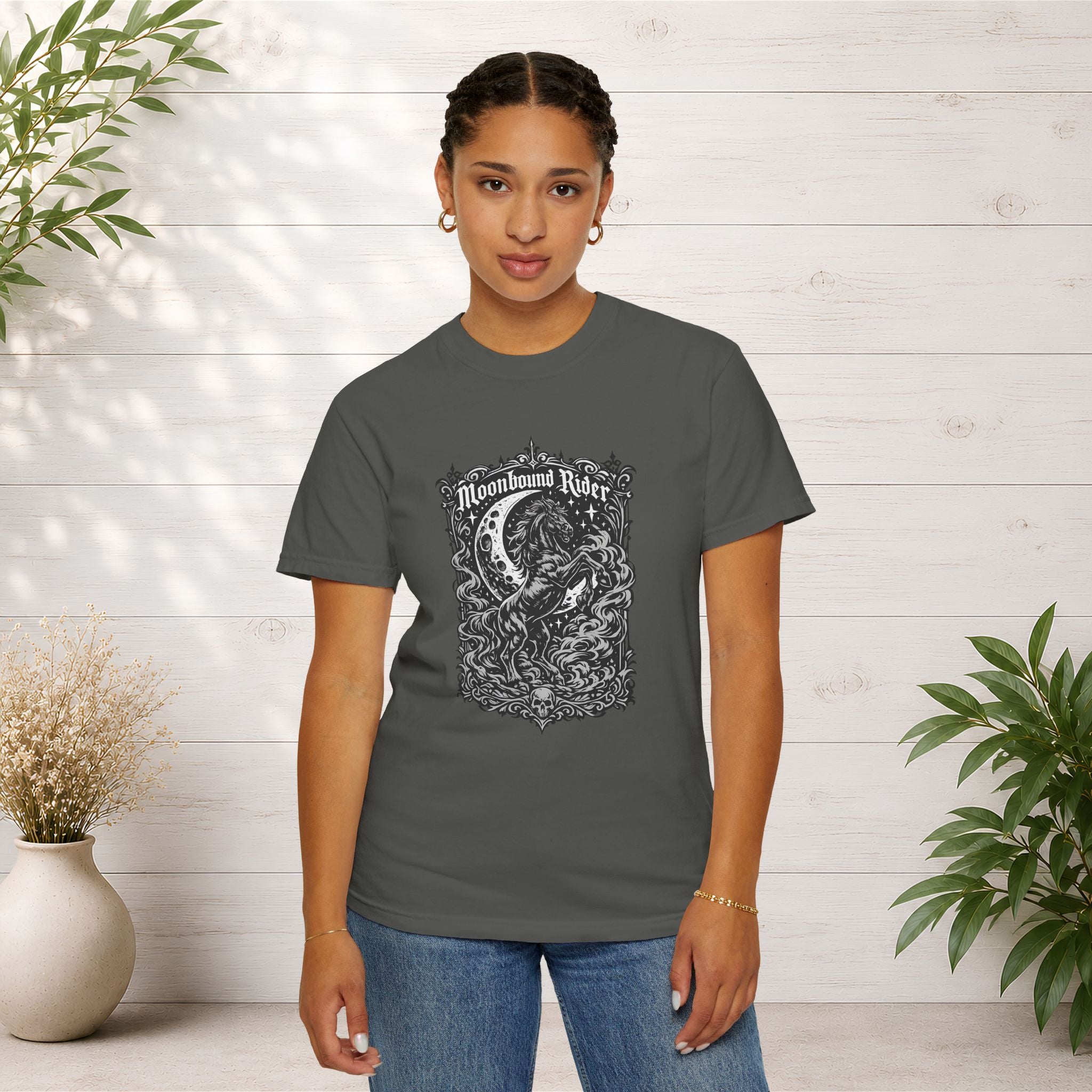 Moonbound Rider T‑Shirt — Gothic Horse Moon Design