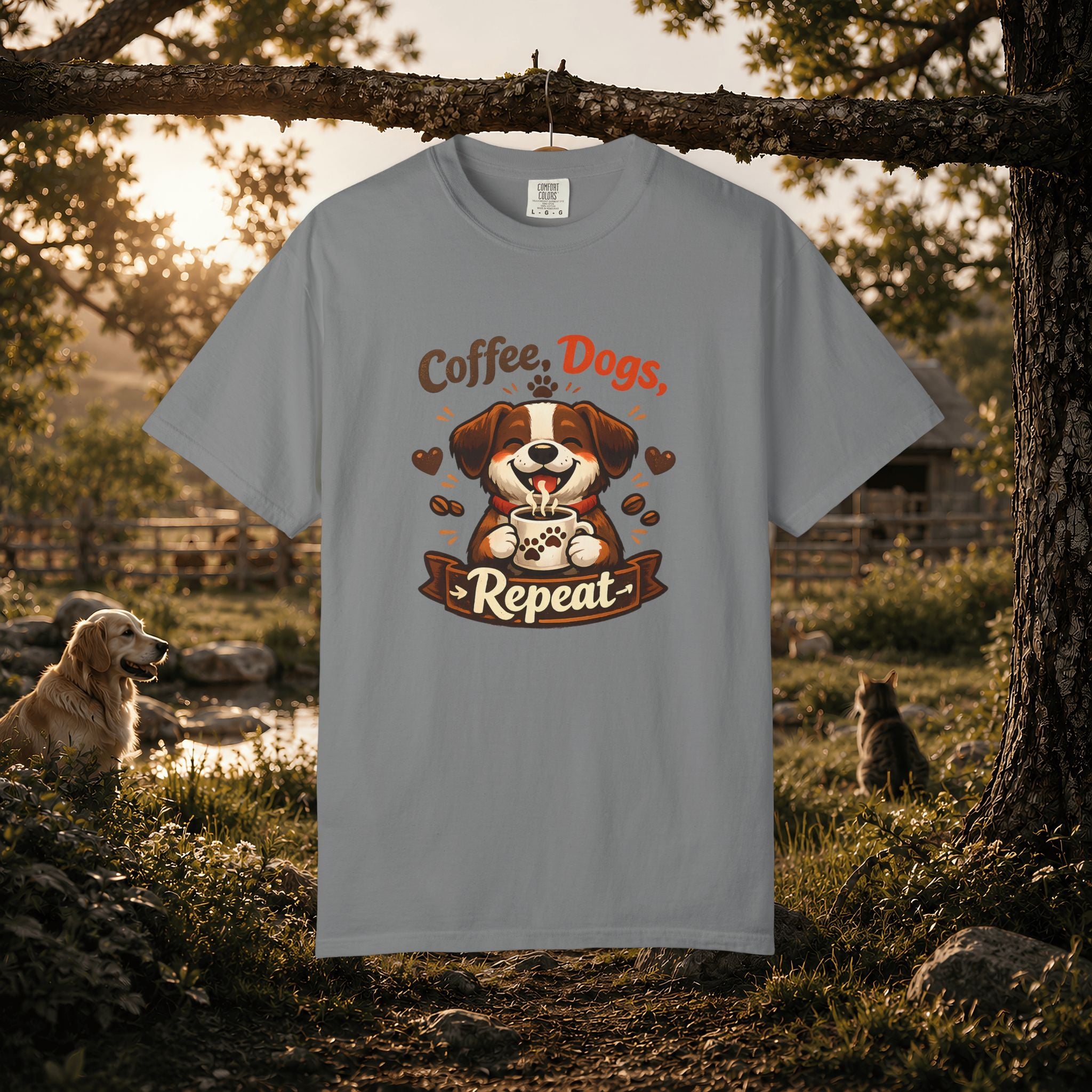 "Coffee, Dogs, Repeat" Cute Dog & Coffee Graphic T-Shirt