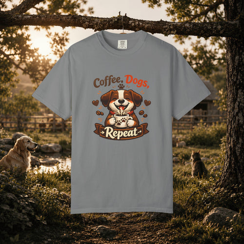 "Coffee, Dogs, Repeat" Cute Dog & Coffee Graphic T-Shirt