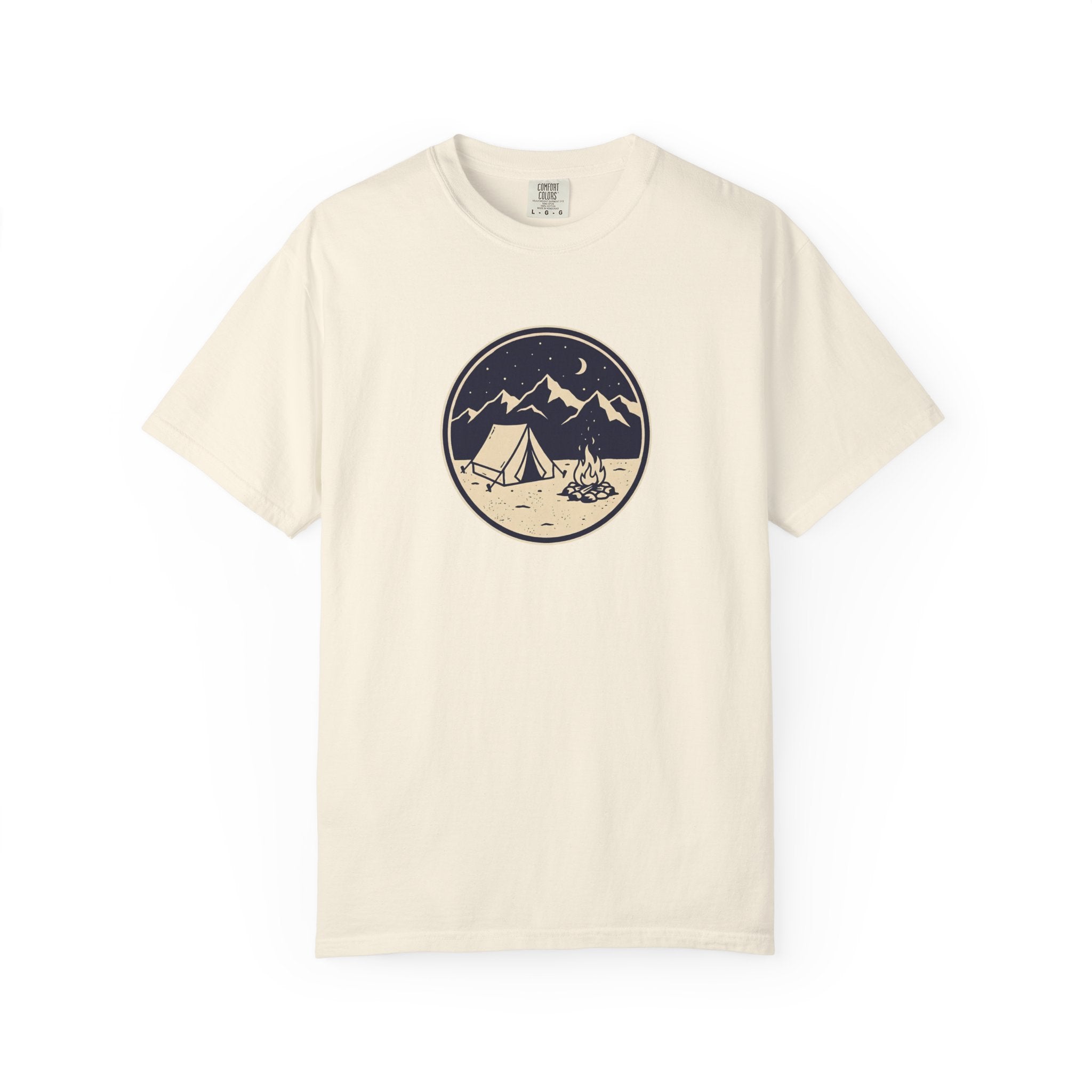 Mountain Camping Circle Art T-shirt | Tent Campfire Outdoors Tee