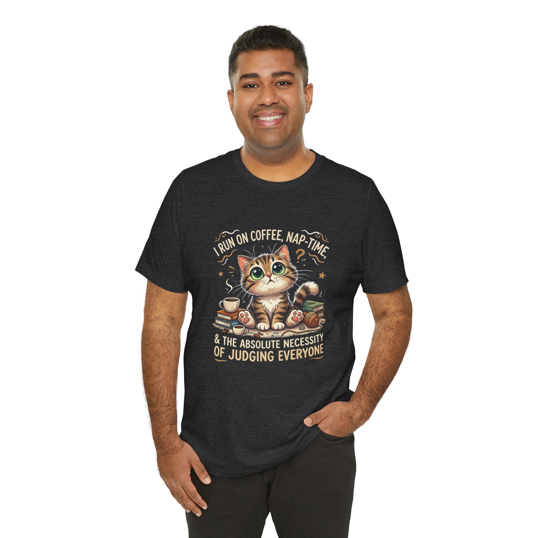Judging Cat Coffee Books T-Shirt | Cozy Kitty Illustration Tee