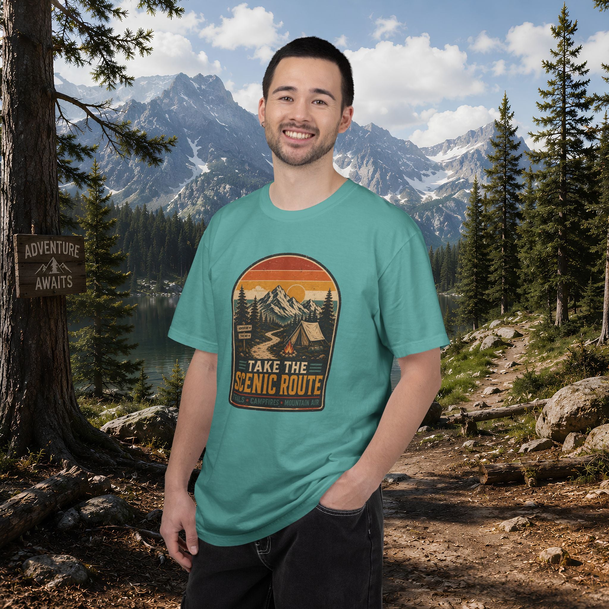Scenic Route Camping T-Shirt — Retro Mountains & Tent Outdoor Tee