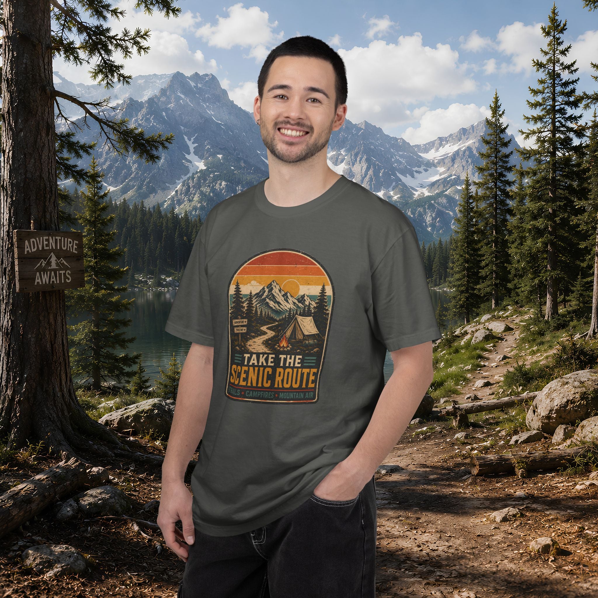 Scenic Route Camping T-Shirt — Retro Mountains & Tent Outdoor Tee