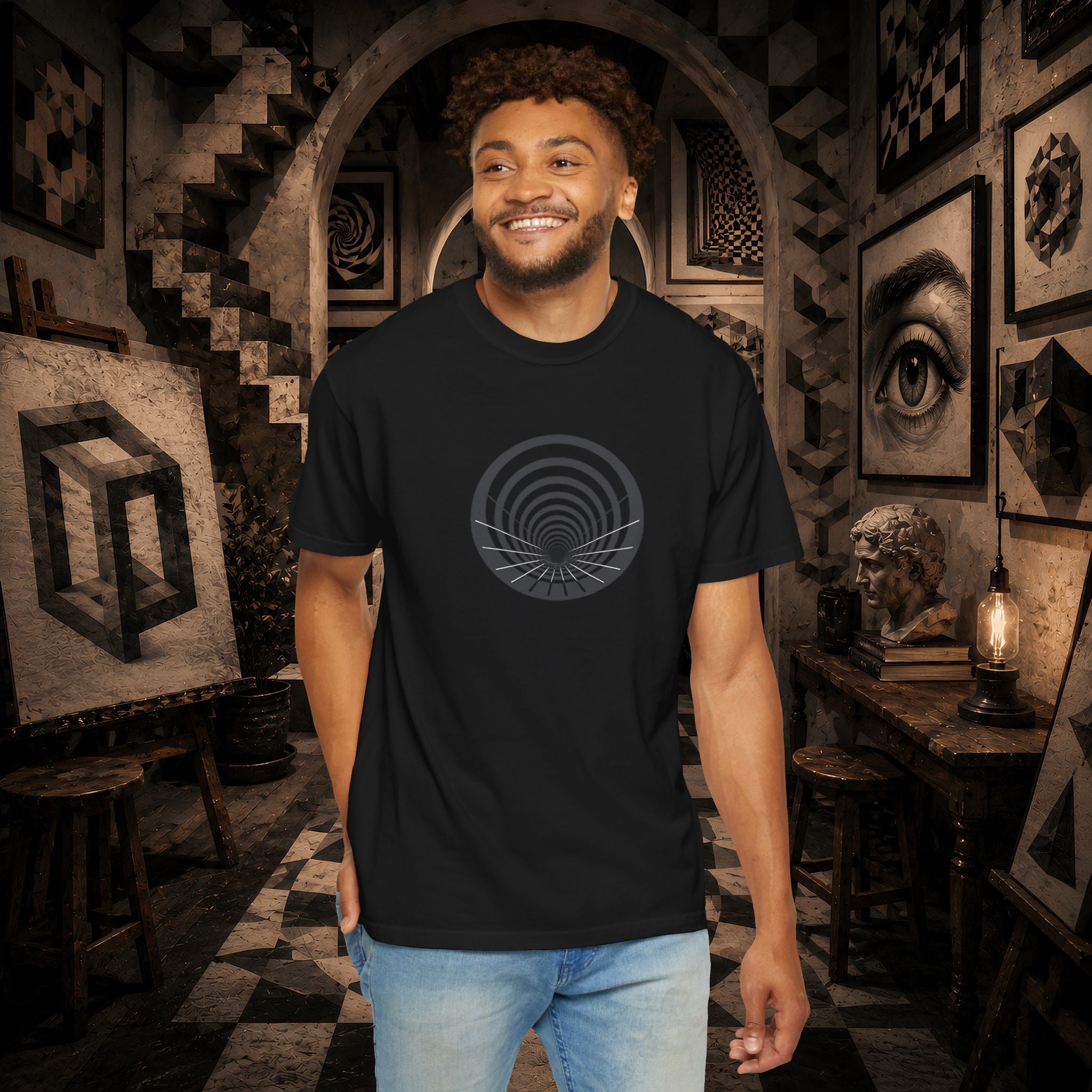 Optical Vortex Graphic T-Shirt — Spiral Tunnel Illusion Tee