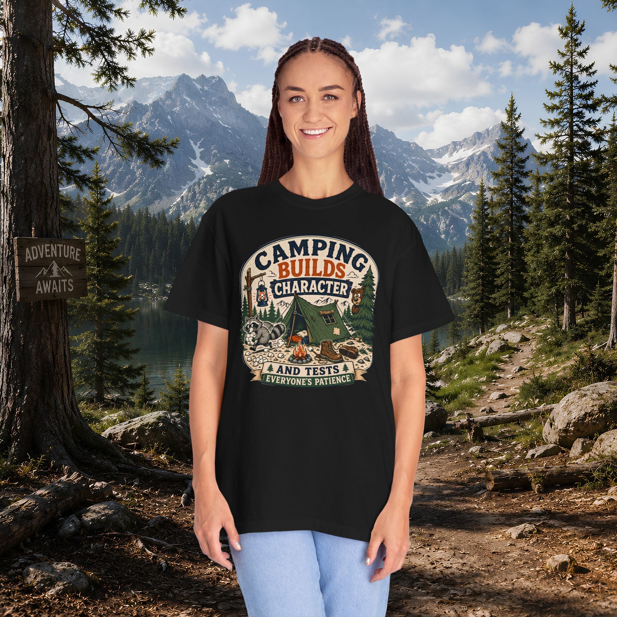 Camping Builds Character T-Shirt — Vintage Tent, Forest & Campfire Outdoor Tee