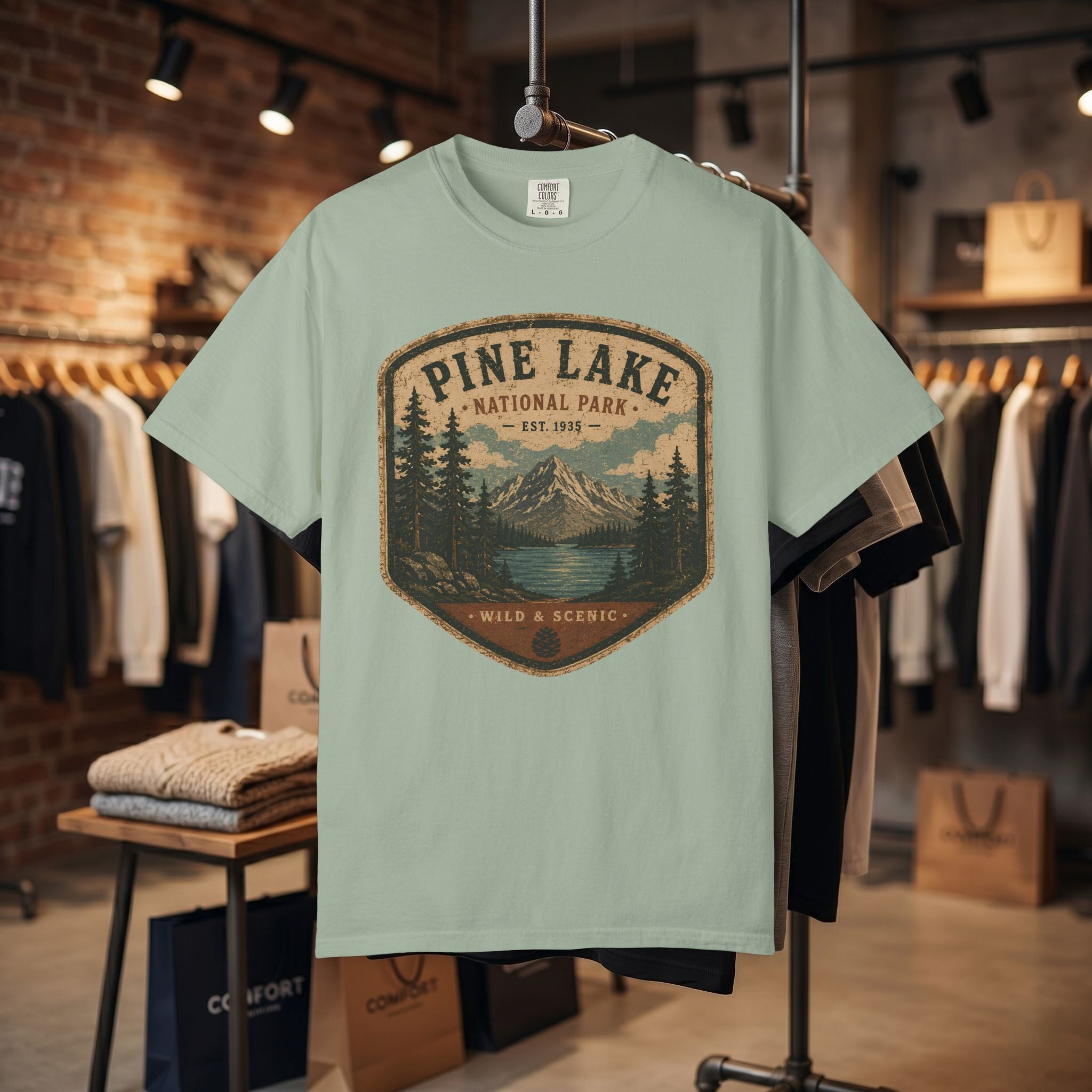 Pine Lake National Park Badge T-Shirt | Mountain Lake Forest Graphic