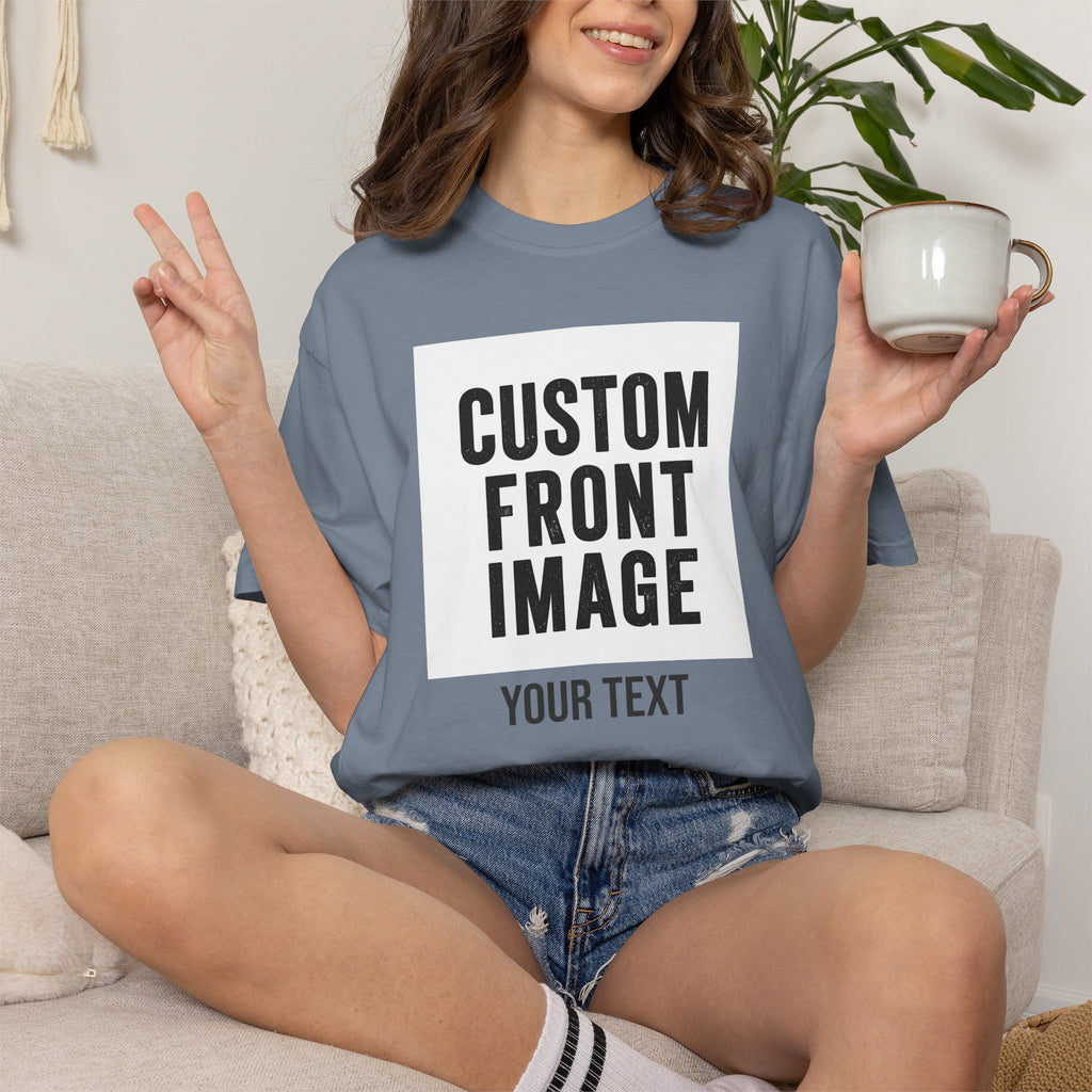 Custom Front Square Print T-Shirt — Personalized Text Bottom & Image Tee