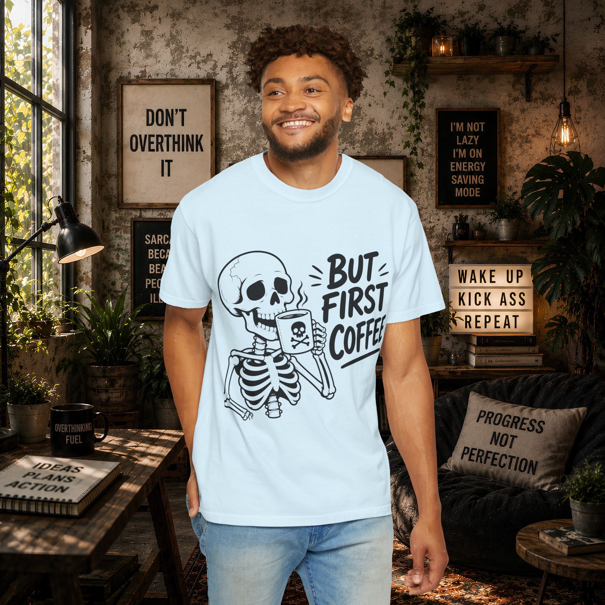Skeleton Holding Coffee But First Coffee T-Shirt | Coffee Lover Tee