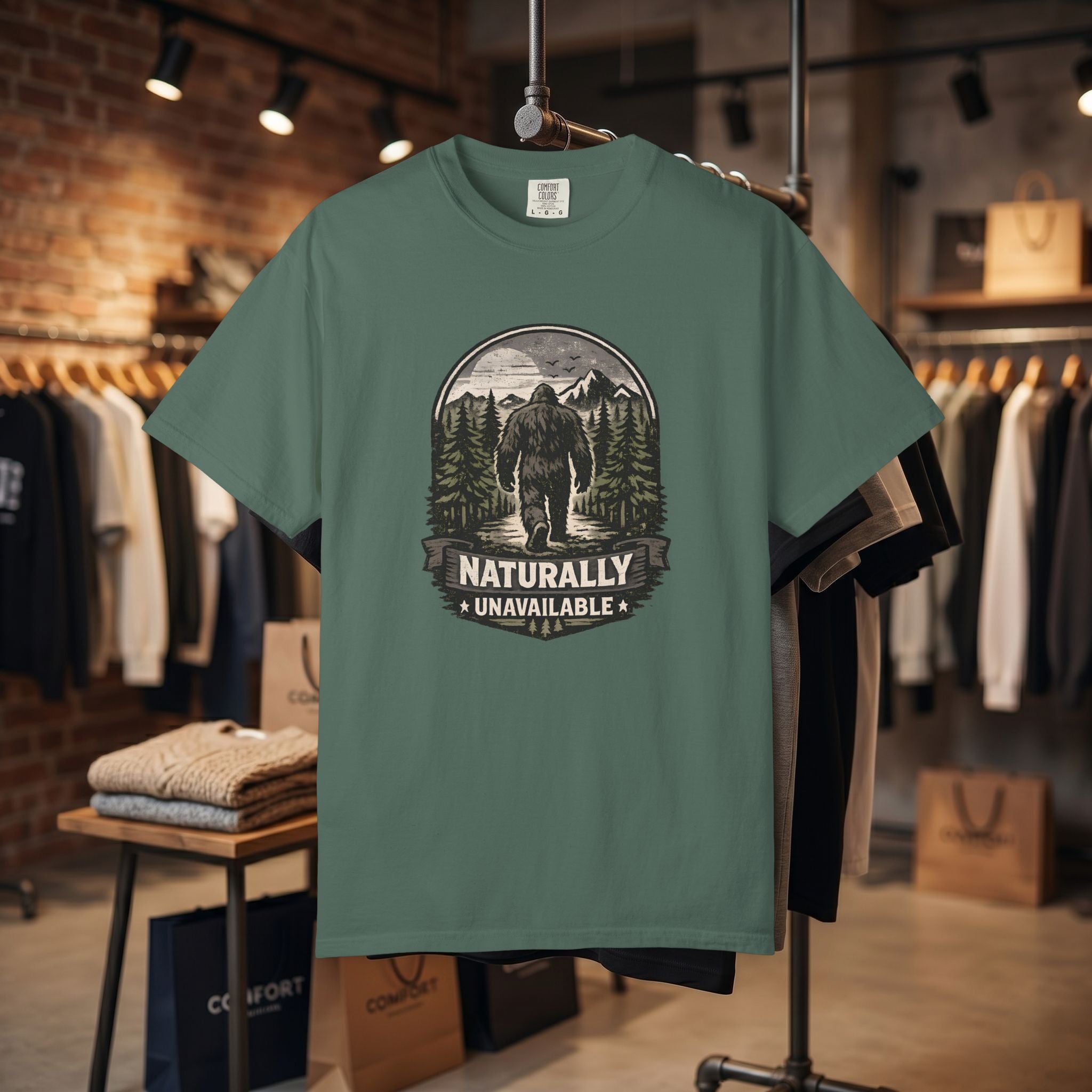 Bigfoot 'Naturally Unavailable' T-Shirt — Bigfoot Walking Into Forest Graphic