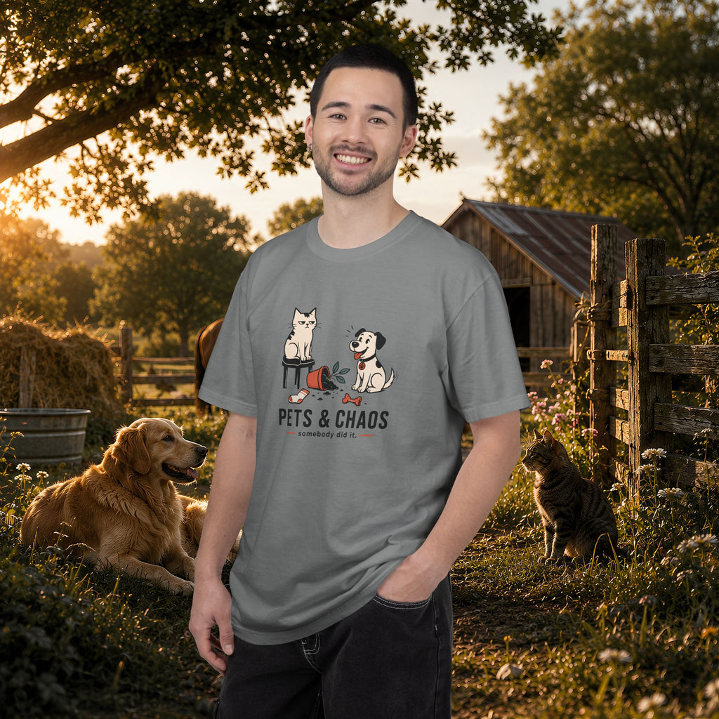 Pets & Chaos Graphic T-Shirt — Funny Cat and Dog Design