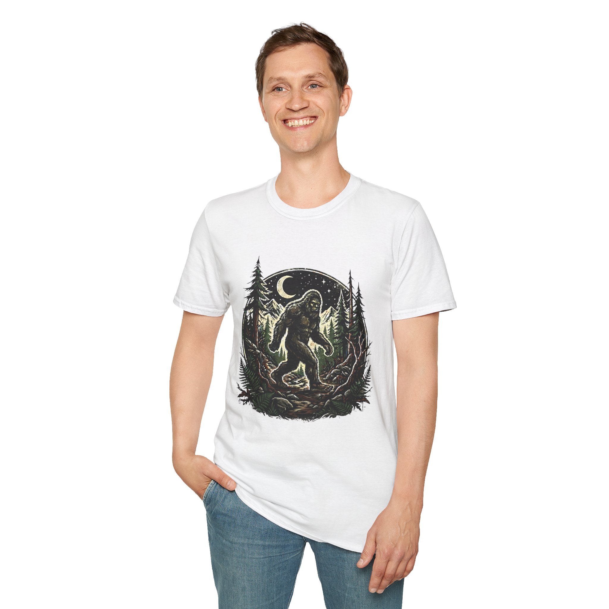 Bigfoot Forest Moon T-Shirt | Sasquatch Night Hiking Design