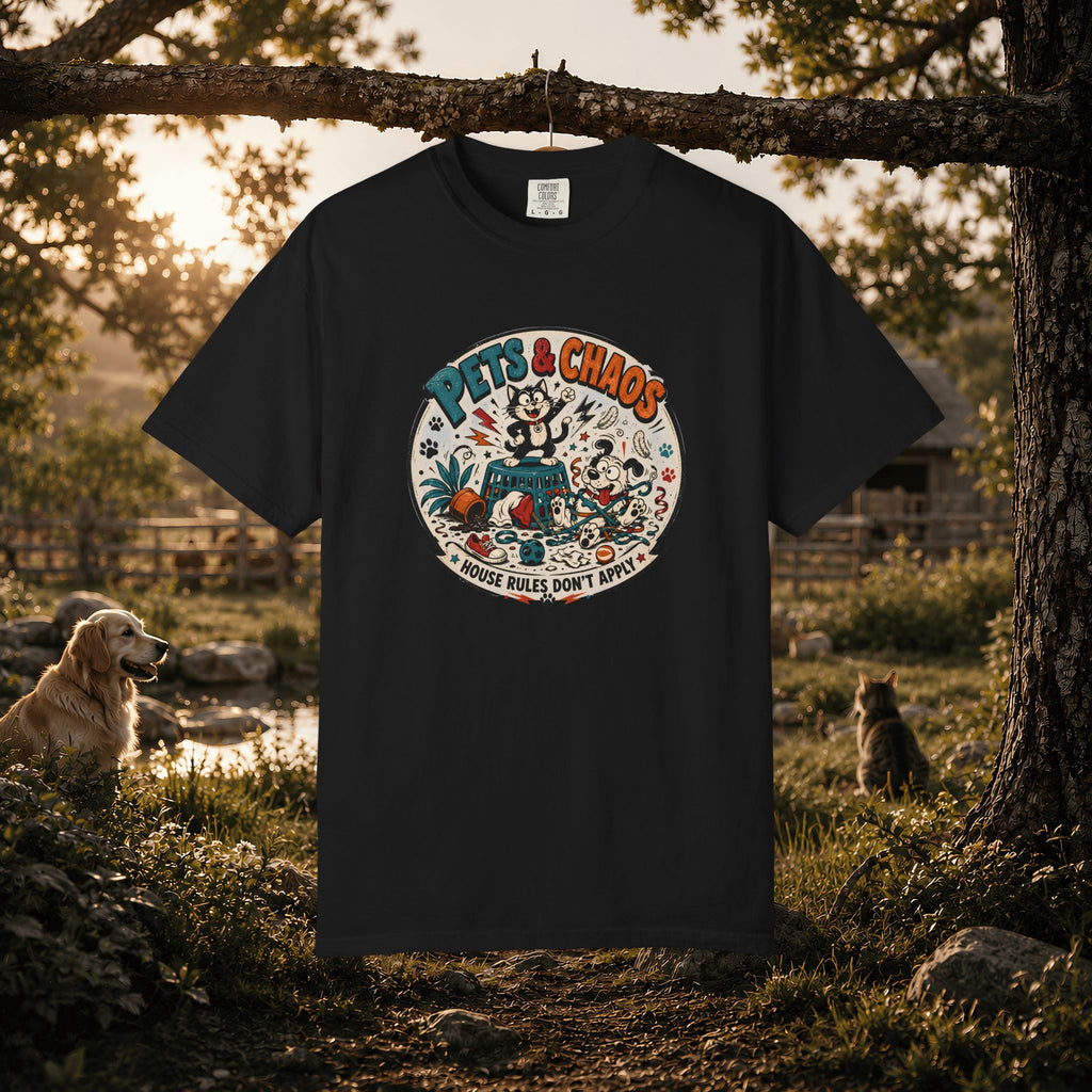 Pets & Chaos Graphic T-Shirt — "House Rules Don't Apply" Vintage Pet Lover Tee