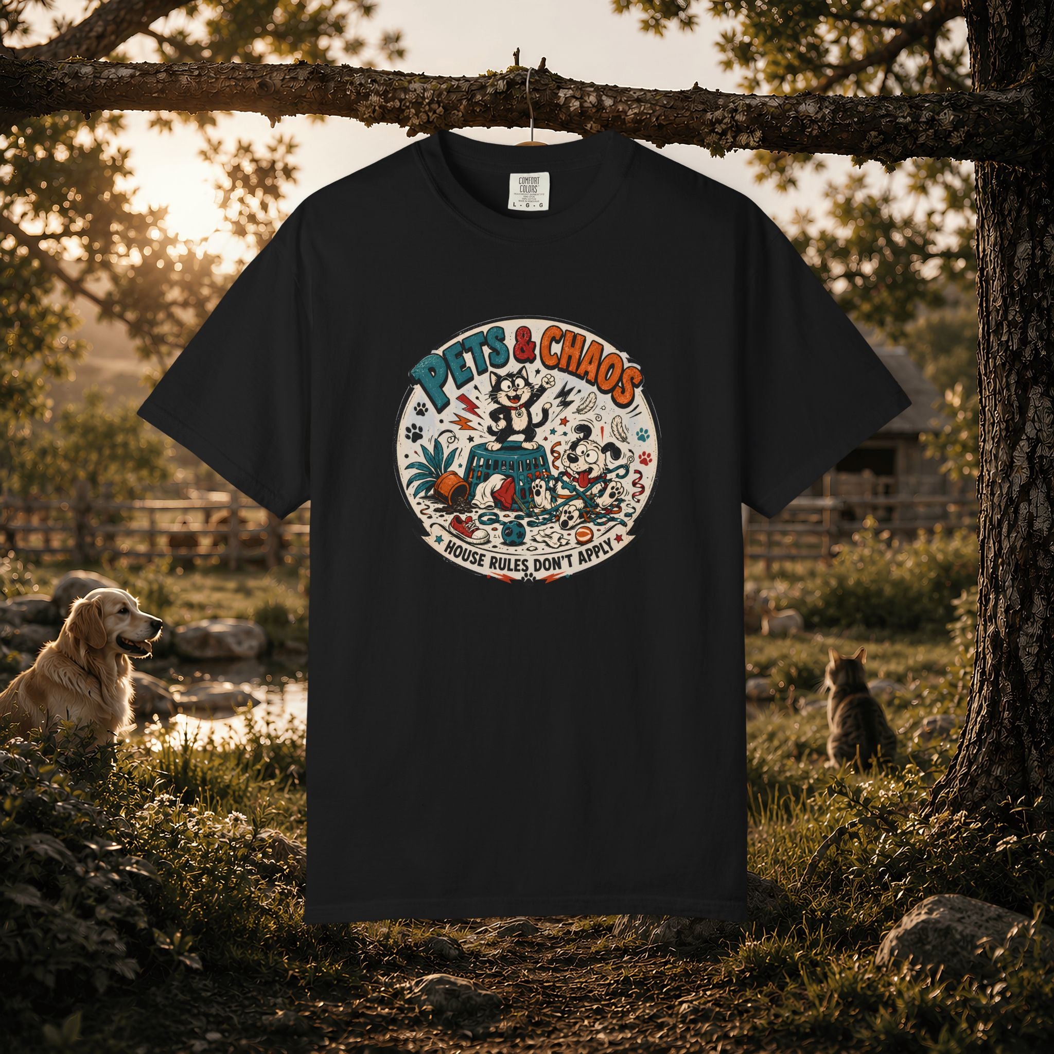 Pets & Chaos Graphic T-Shirt — "House Rules Don't Apply" Vintage Pet Lover Tee