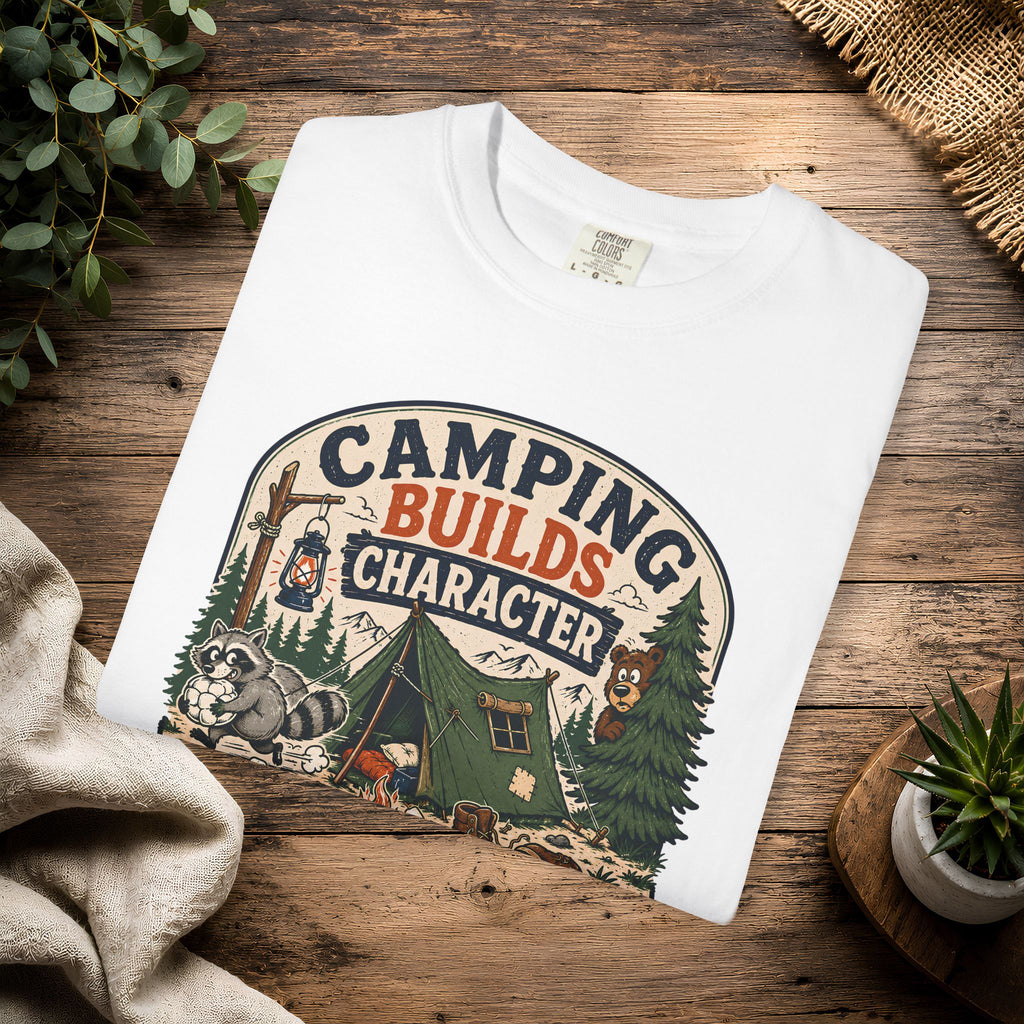 Camping Builds Character T-Shirt — Vintage Tent, Forest & Campfire Outdoor Tee