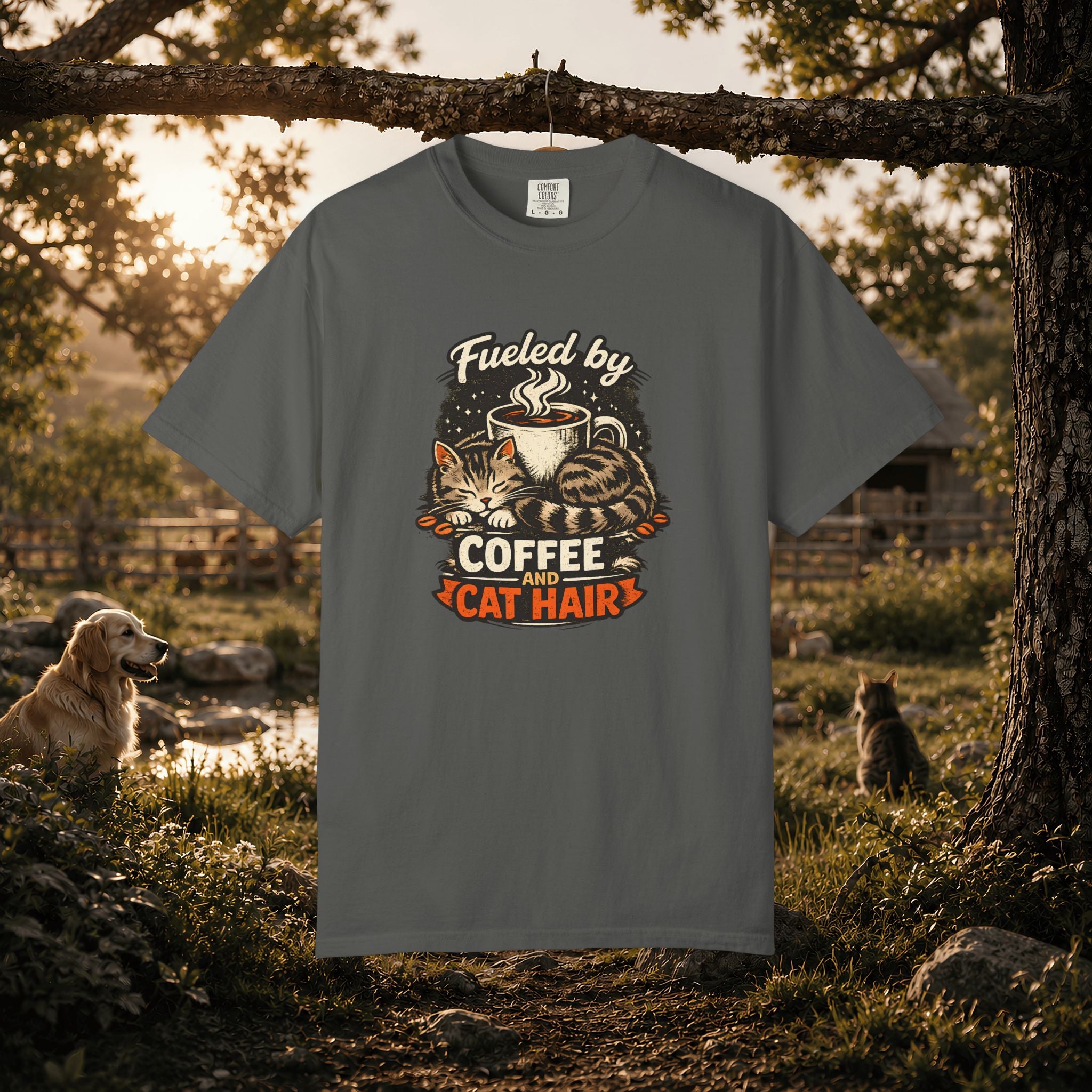 Coffee & Cat Hair T-Shirt — "Fueled by Coffee and Cat Hair" Graphic Tee