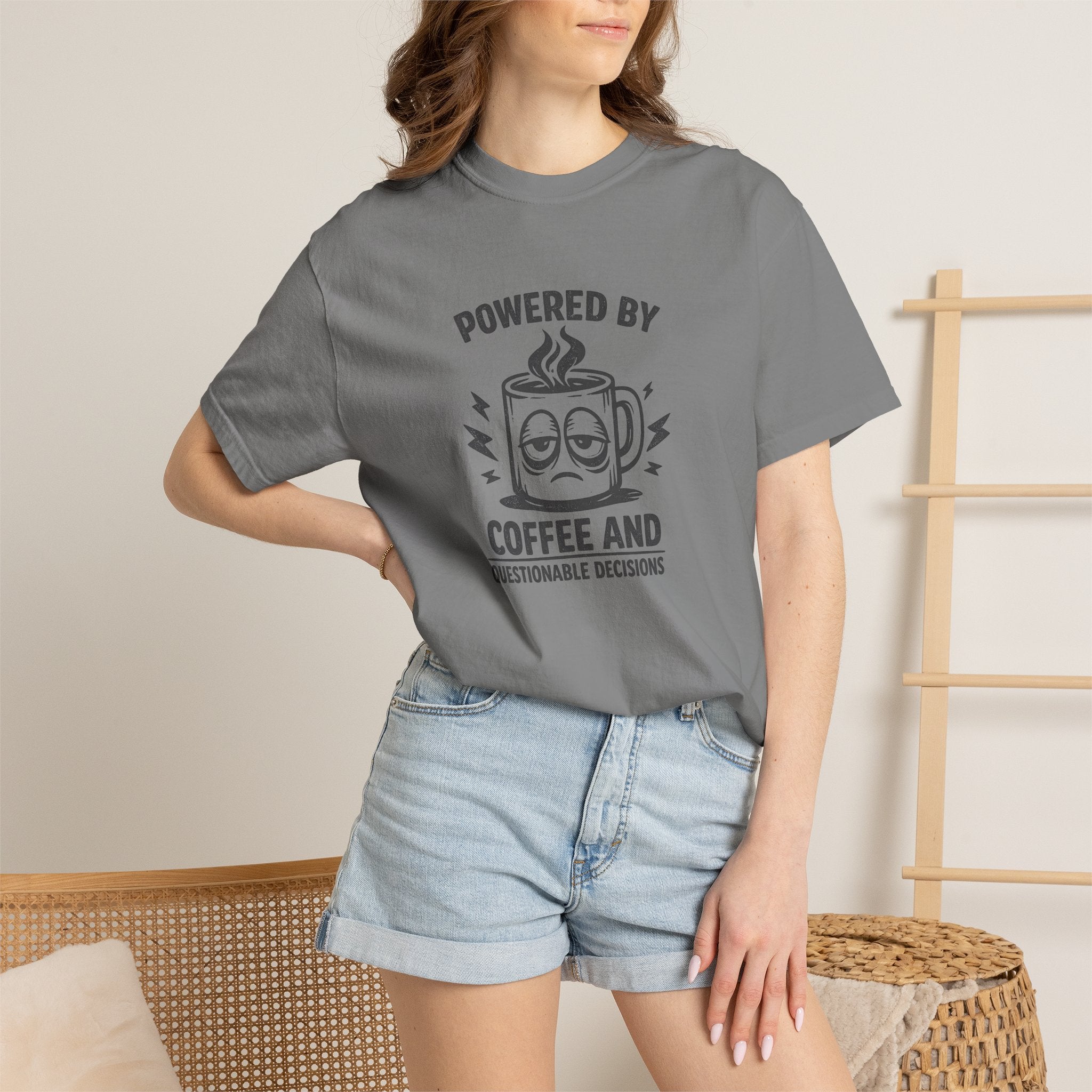 Coffee & Questionable Decisions T-Shirt – Powered by Coffee Graphic Tee