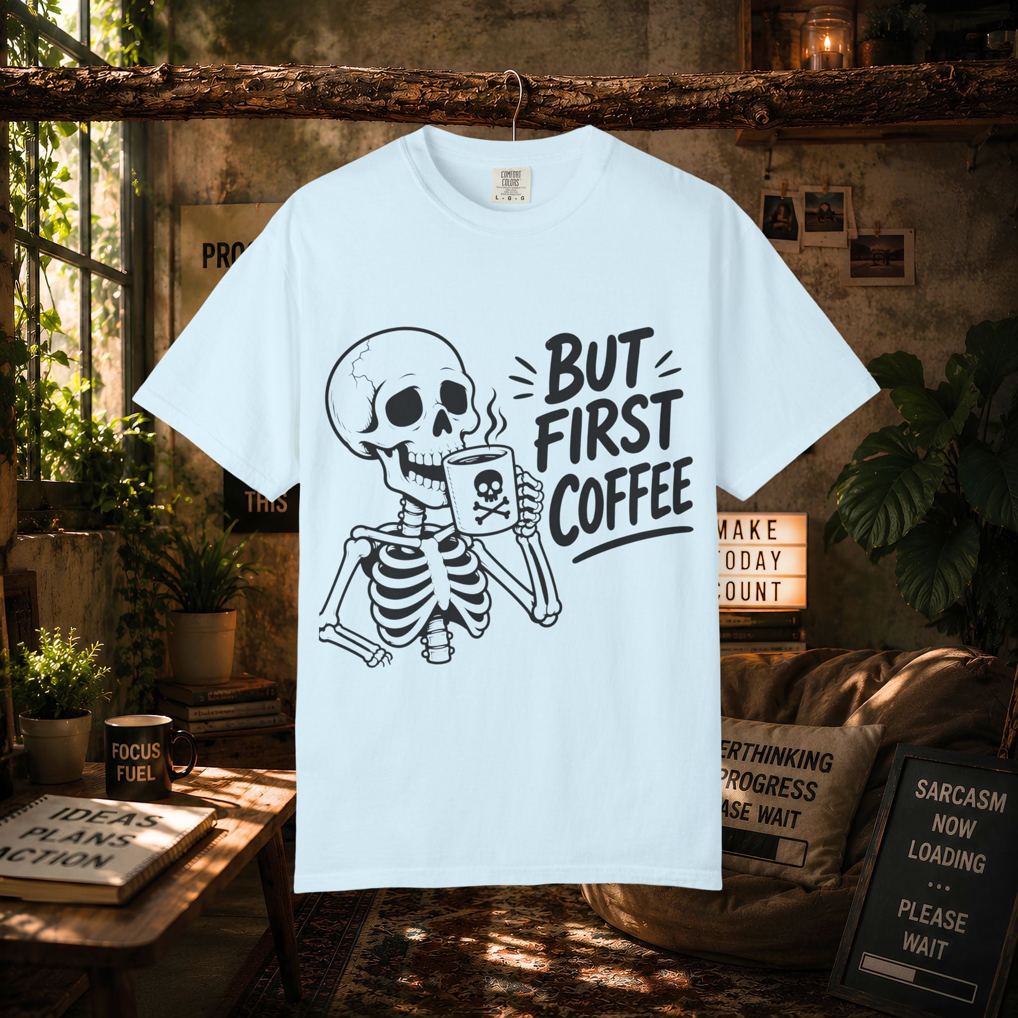 Skeleton Holding Coffee But First Coffee T-Shirt | Coffee Lover Tee