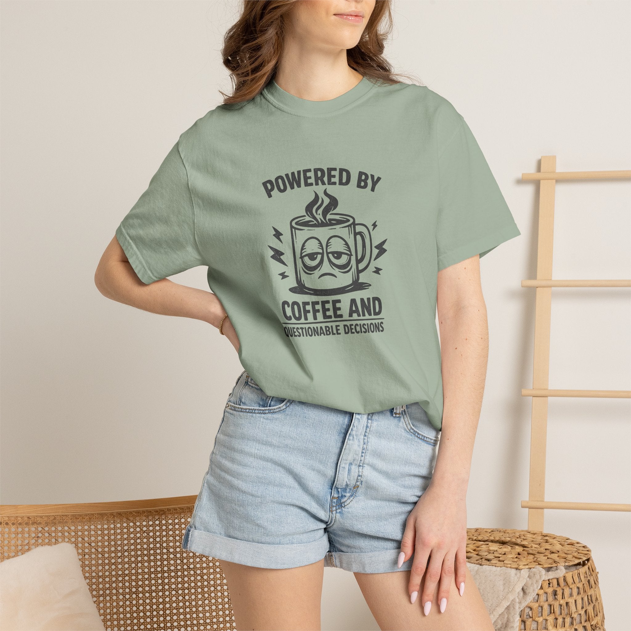 Coffee & Questionable Decisions T-Shirt – Powered by Coffee Graphic Tee