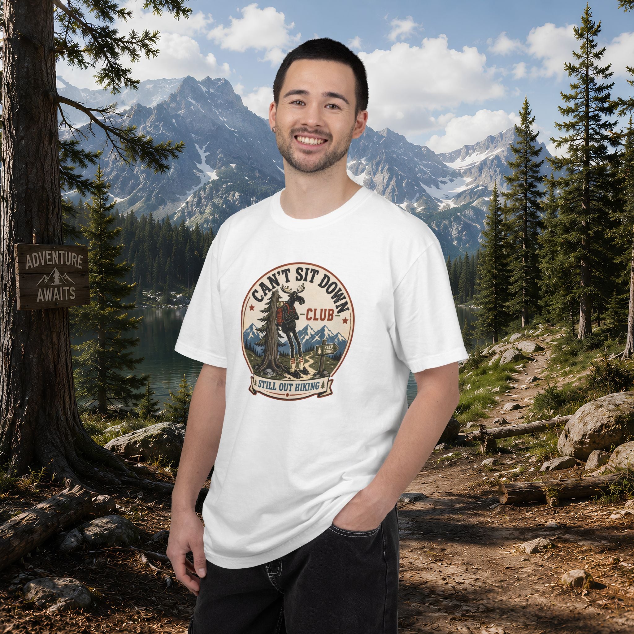 Hugag Hiking Tee — "Can't Sit Down Club" Vintage Mountain Cryptid Shirt
